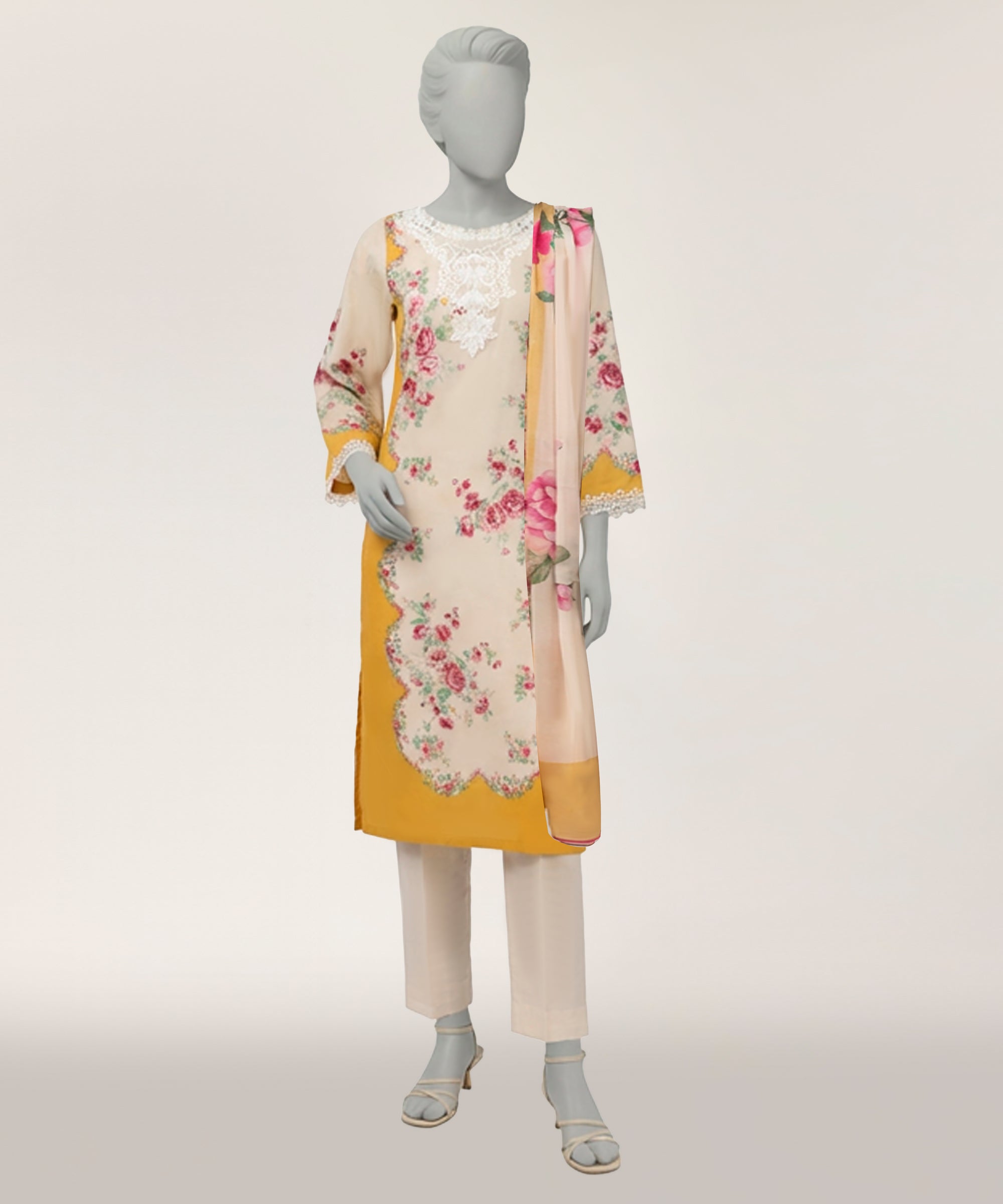 CREAM LAWN EMBROIDERED STITCHED 3PC