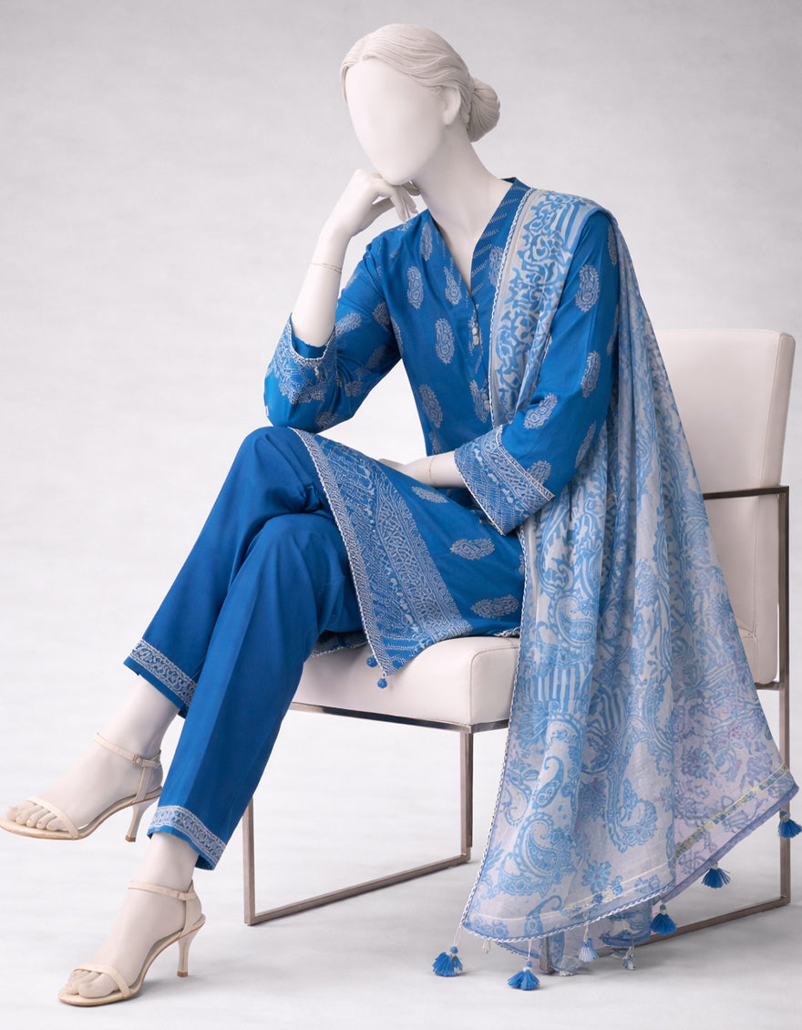 BLUE LAWN PASTE PRINTED UNSTITCHED 3PC