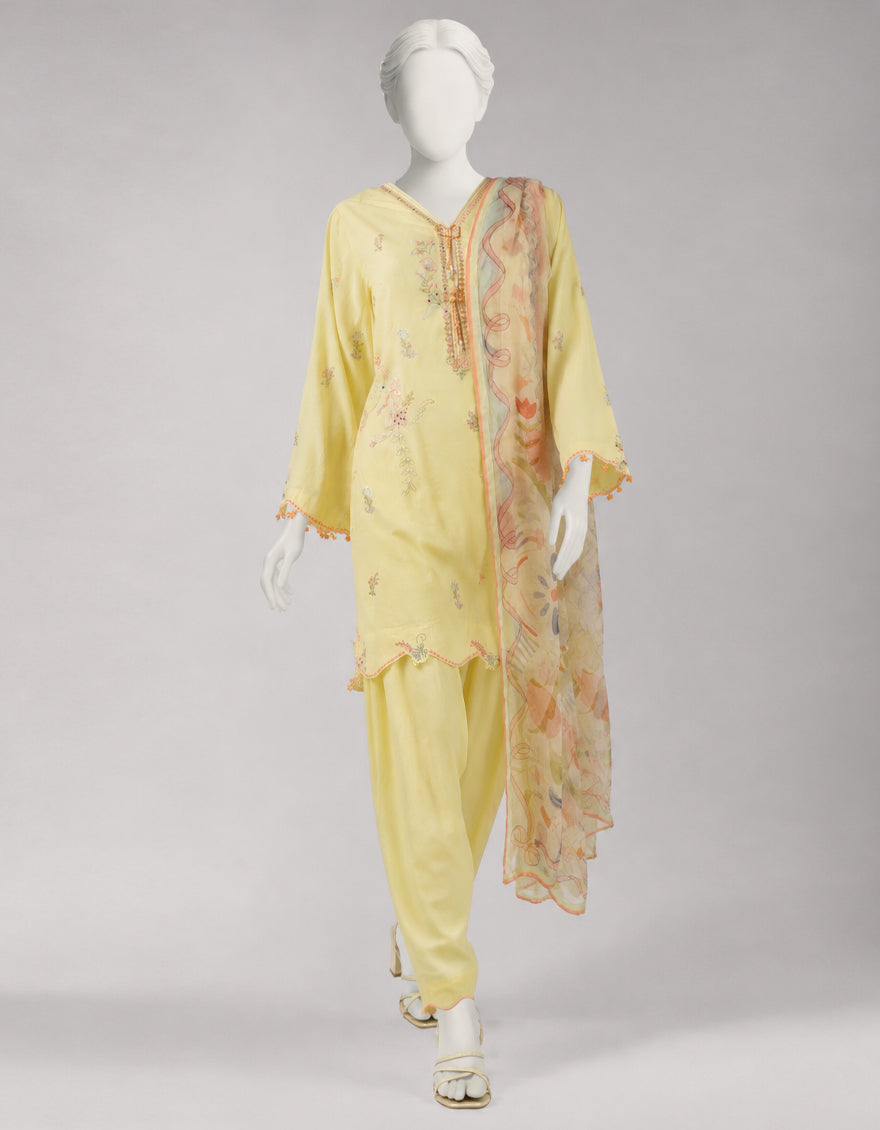 YELLOW LAWN SCHIFFLI UNSTITCHED 3PC