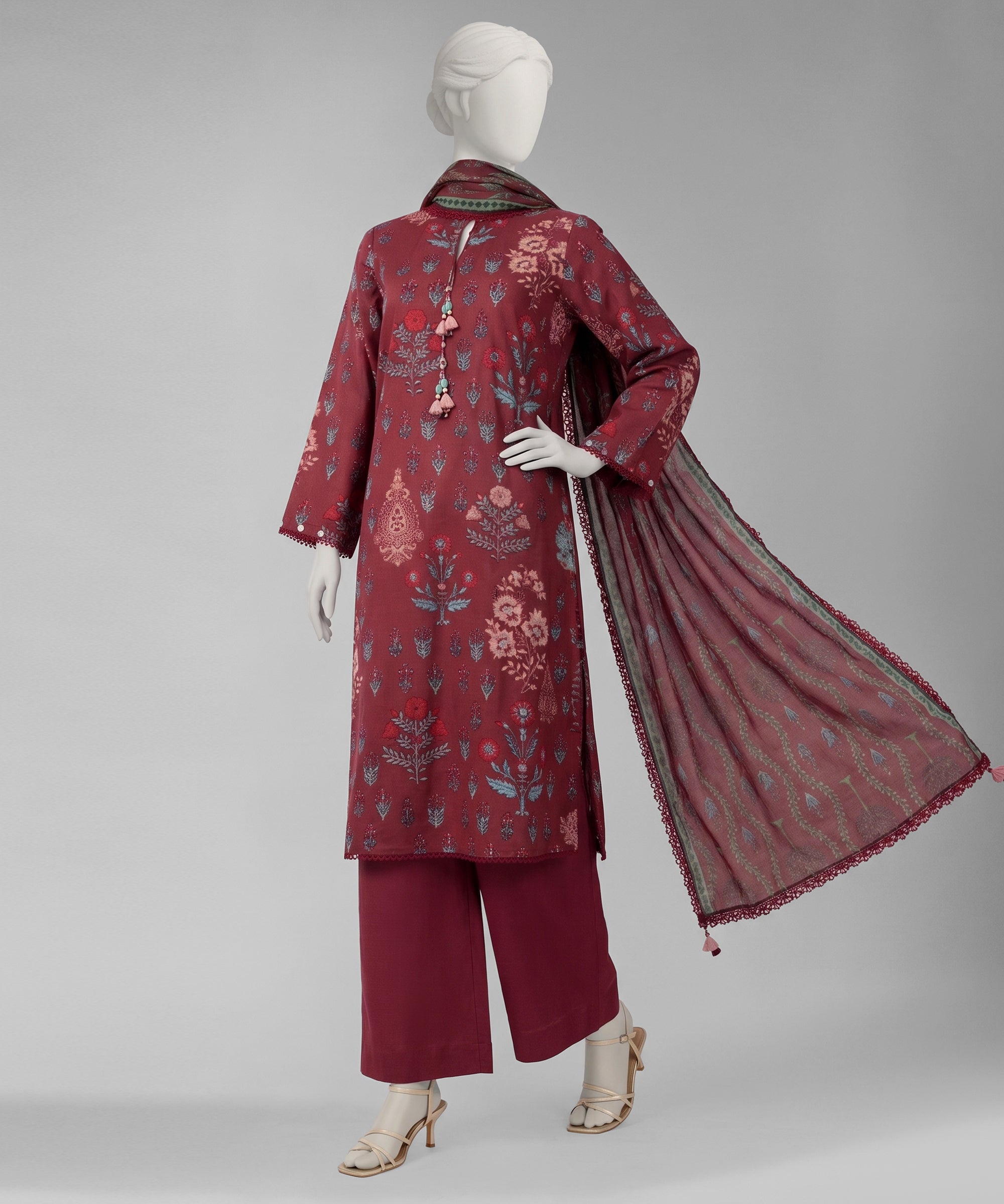 Maroon Lawn Printed Unstitched 3Pc