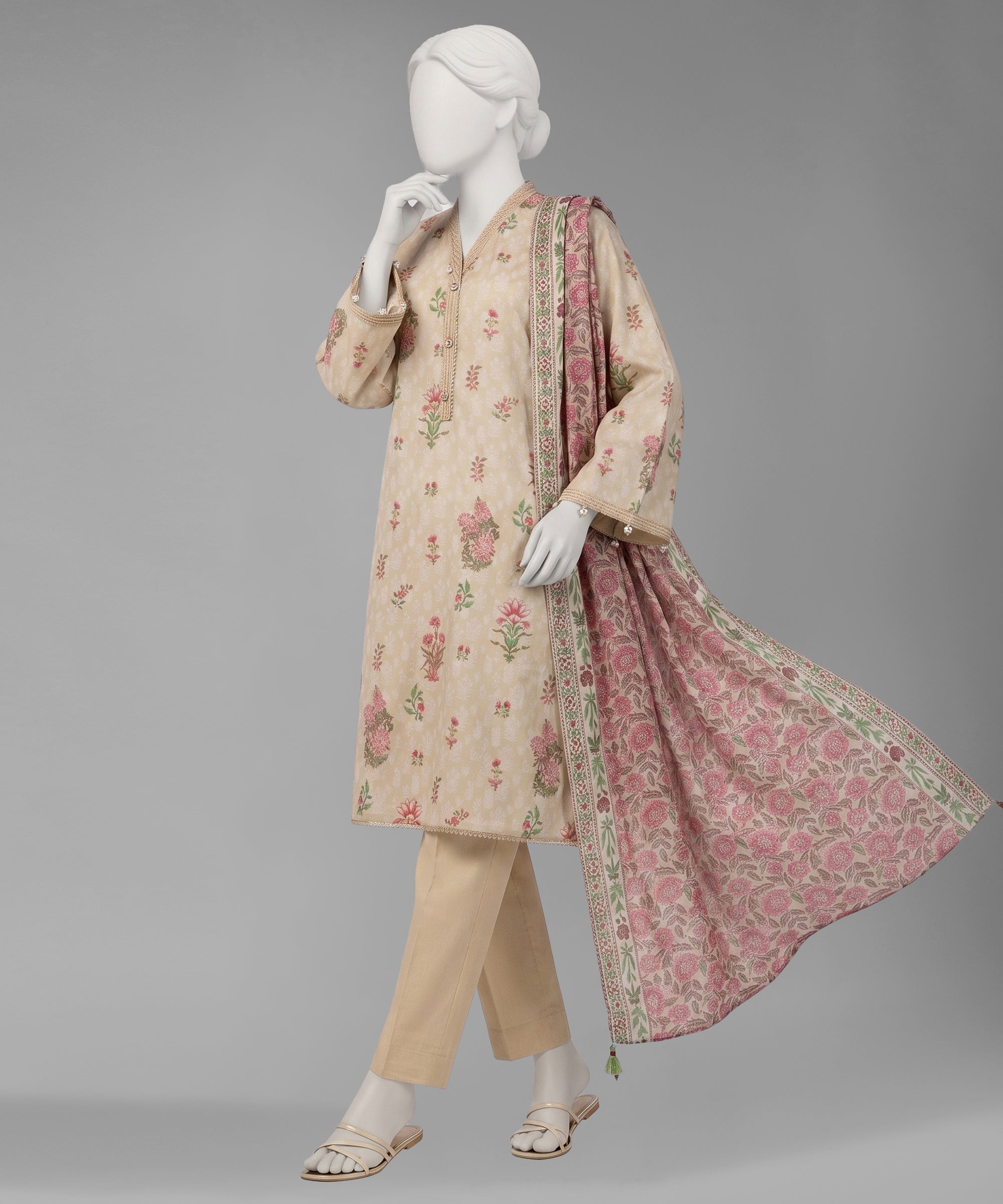Beige Lawn Printed Unstitched 3Pc