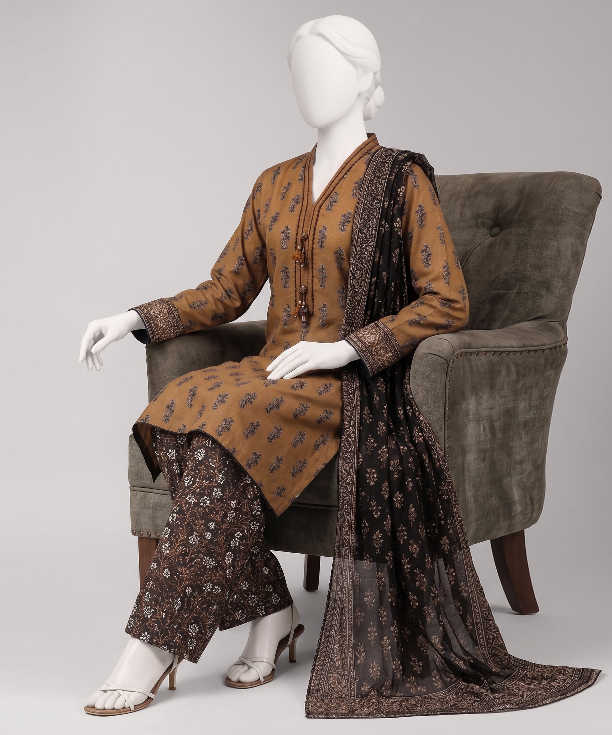 Brown Lawn Printed Unstitched 3Pc