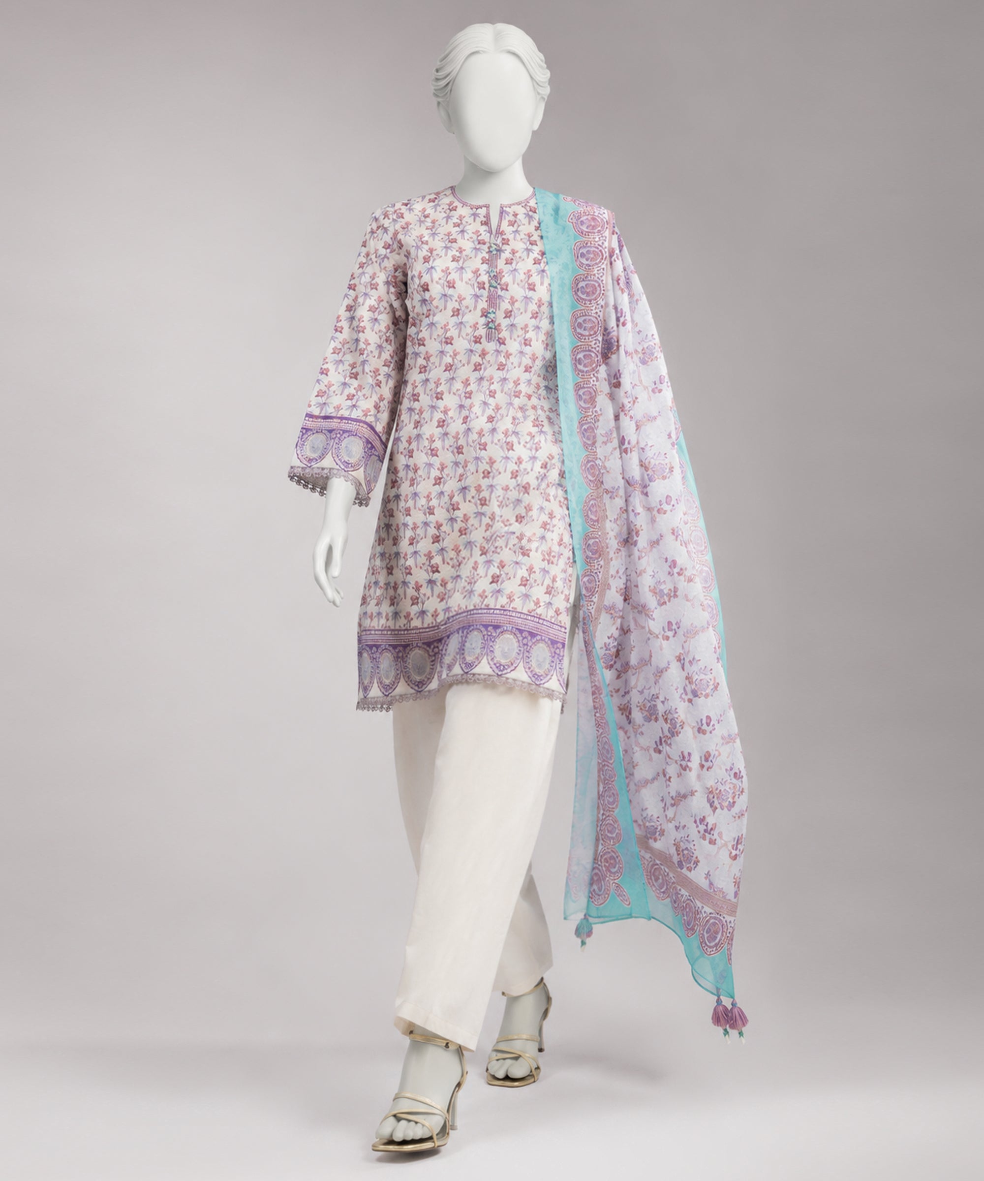Off White Lawn Printed Zari Tar Unstitched 3Pc