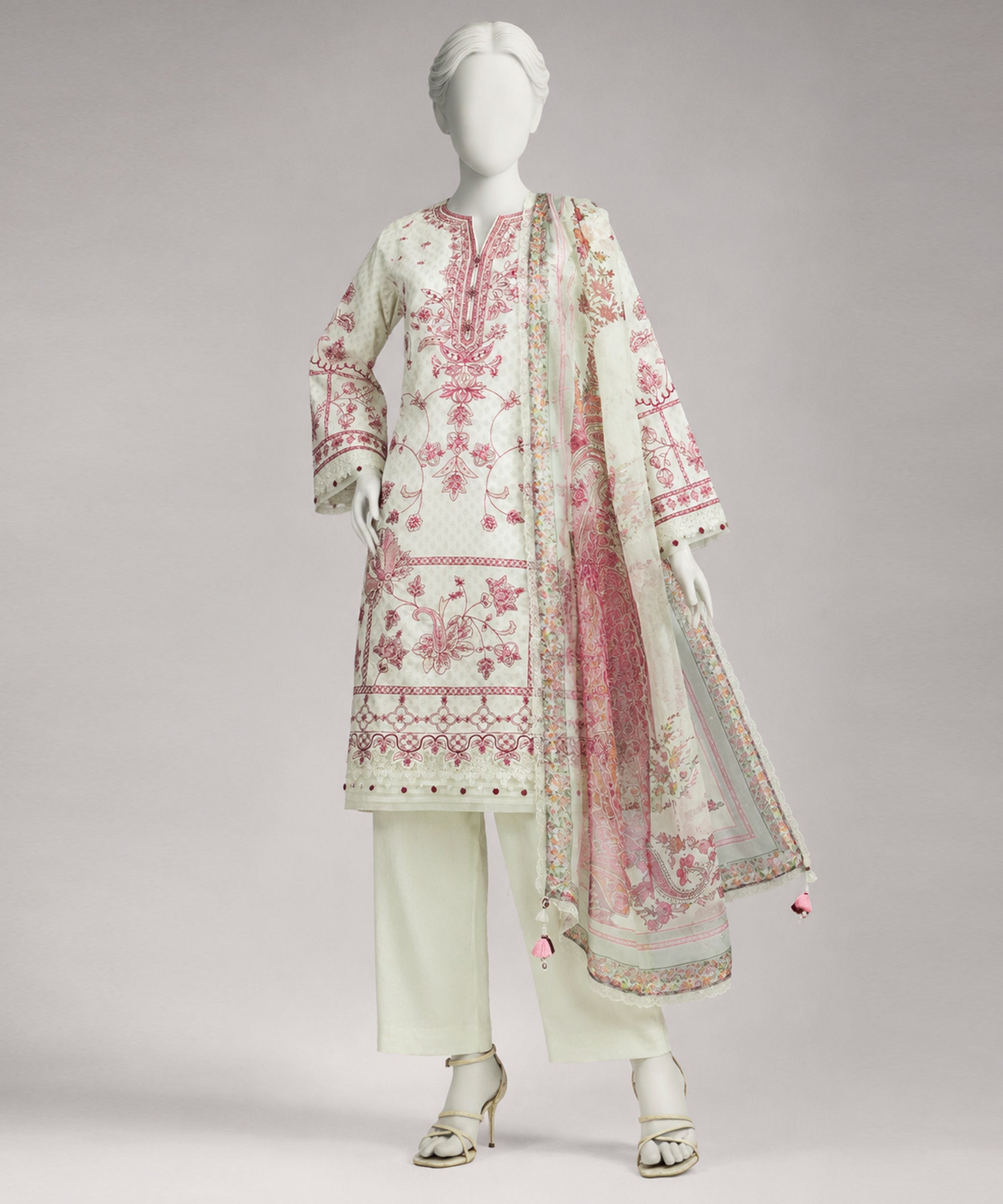 Cream Lawn Embroidered Unstitched 3Pc