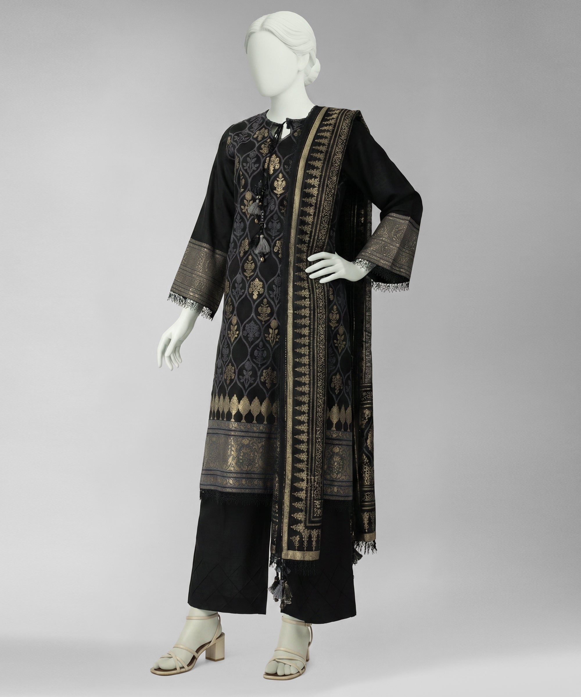 Black Jacquard Yarn Dyed Unstitched 3Pc