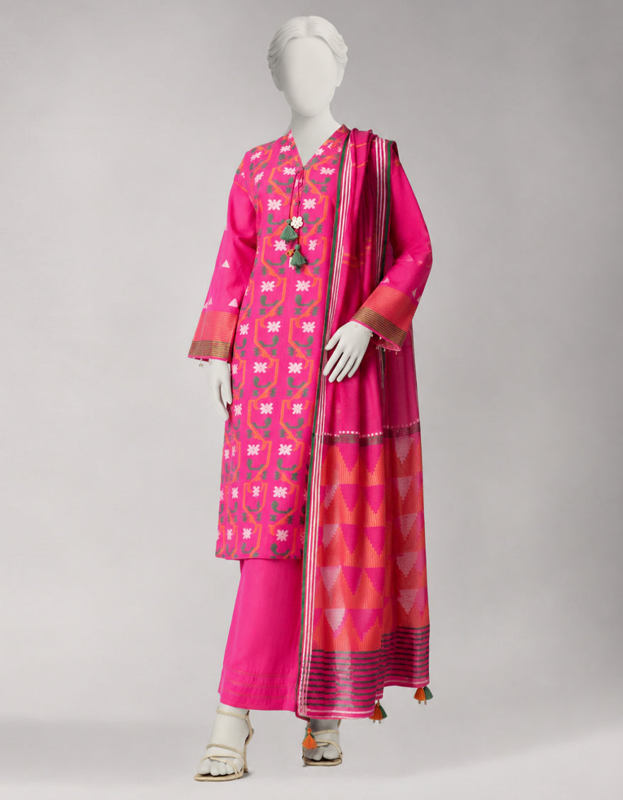 Pink Jacquard Yarn Dyed Unstitched 3Pc