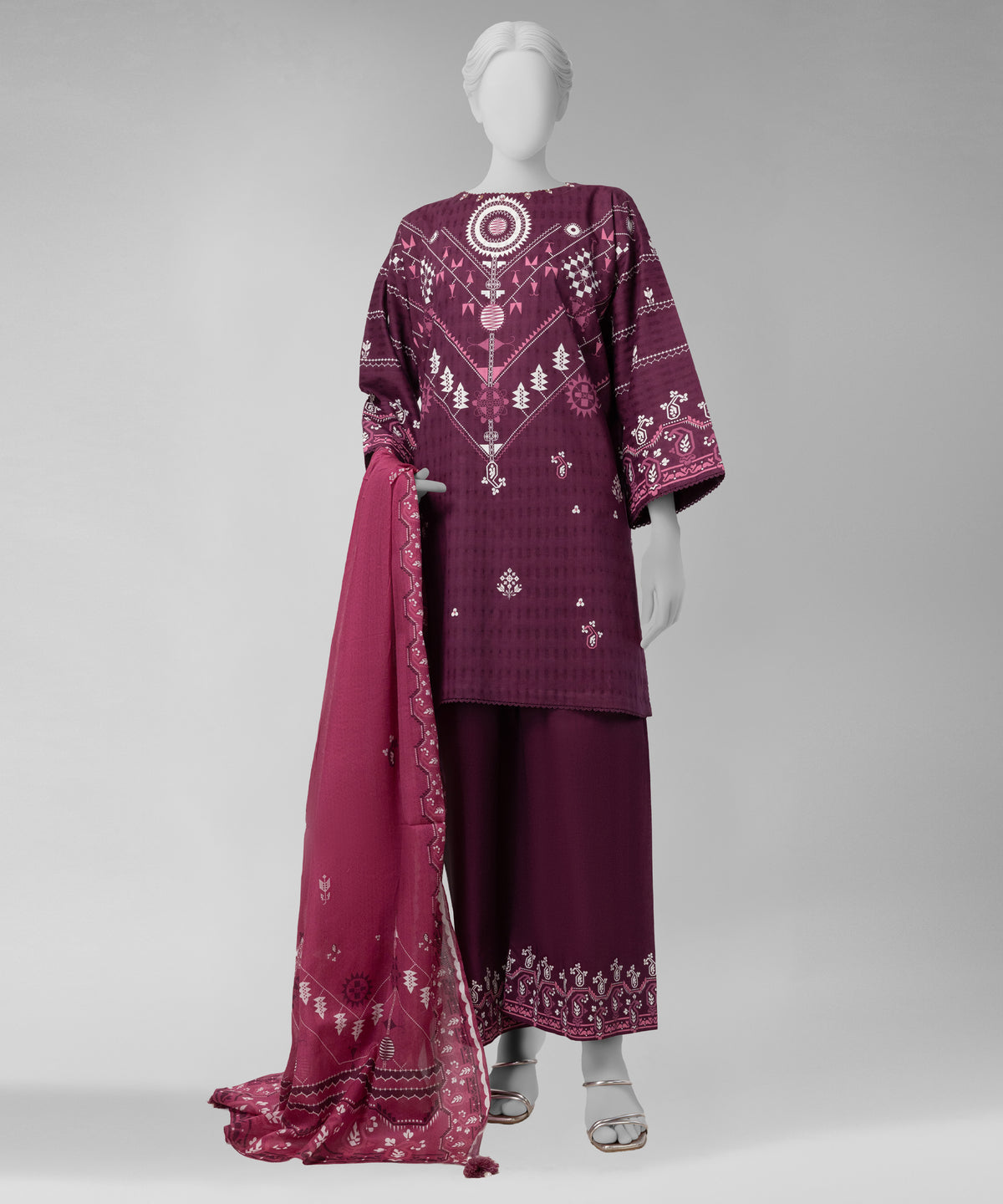 Magenta Paste Printed Dobby Unstitched 3Pc