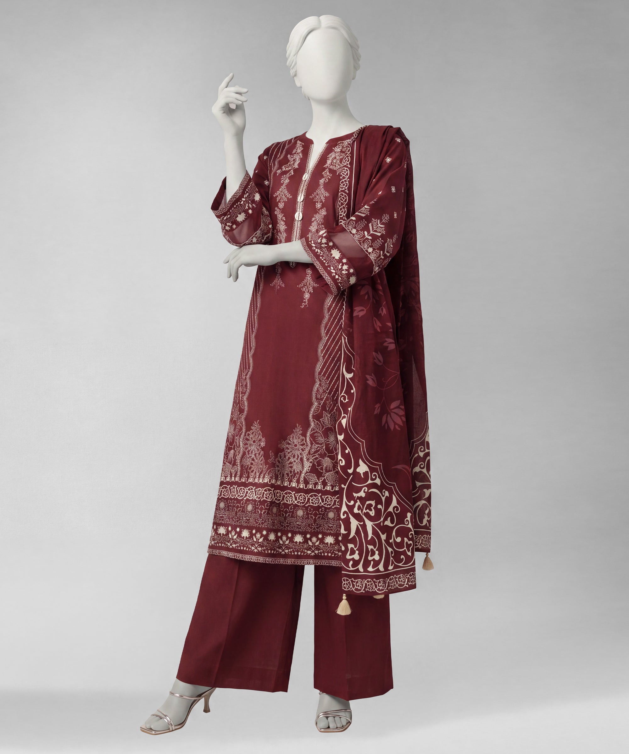 Maroon Embroidered Liminal Unstitched 3Pc