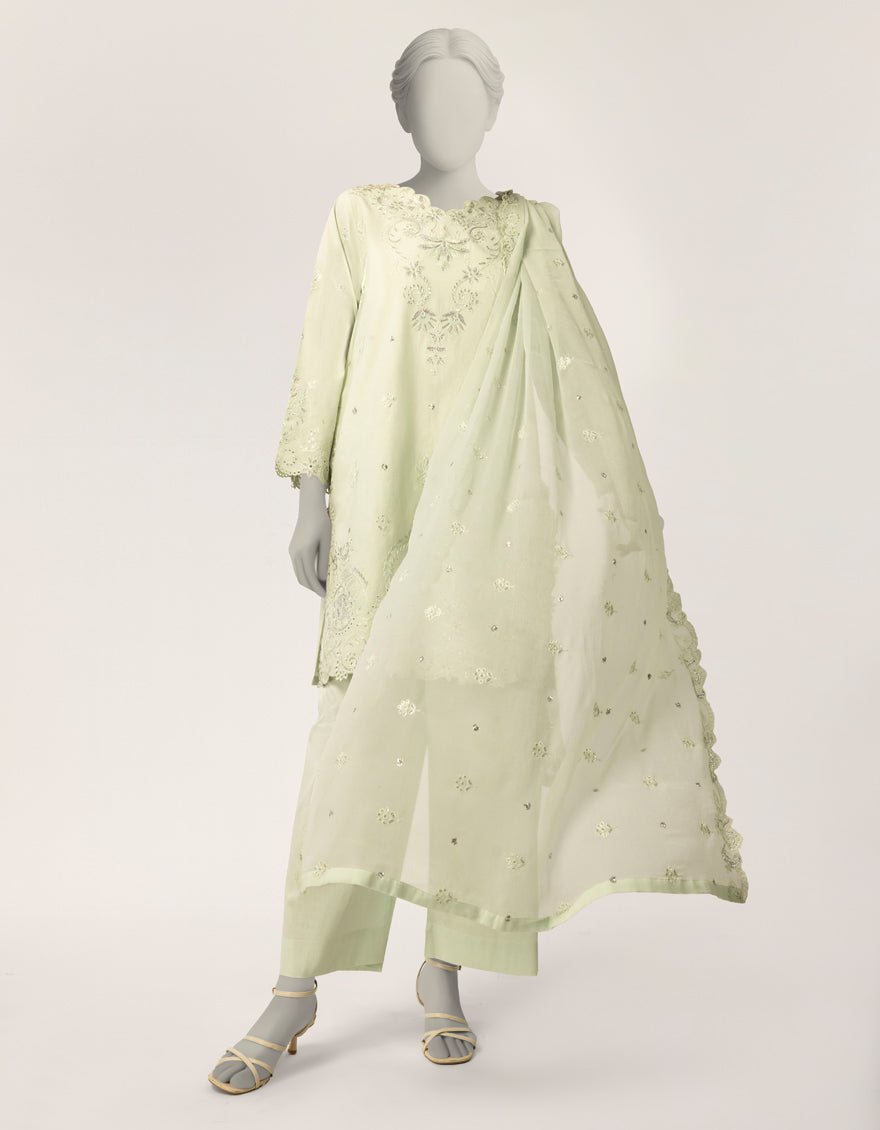 GREEN DOBBY EMBROIDERED STITCHED 3PC