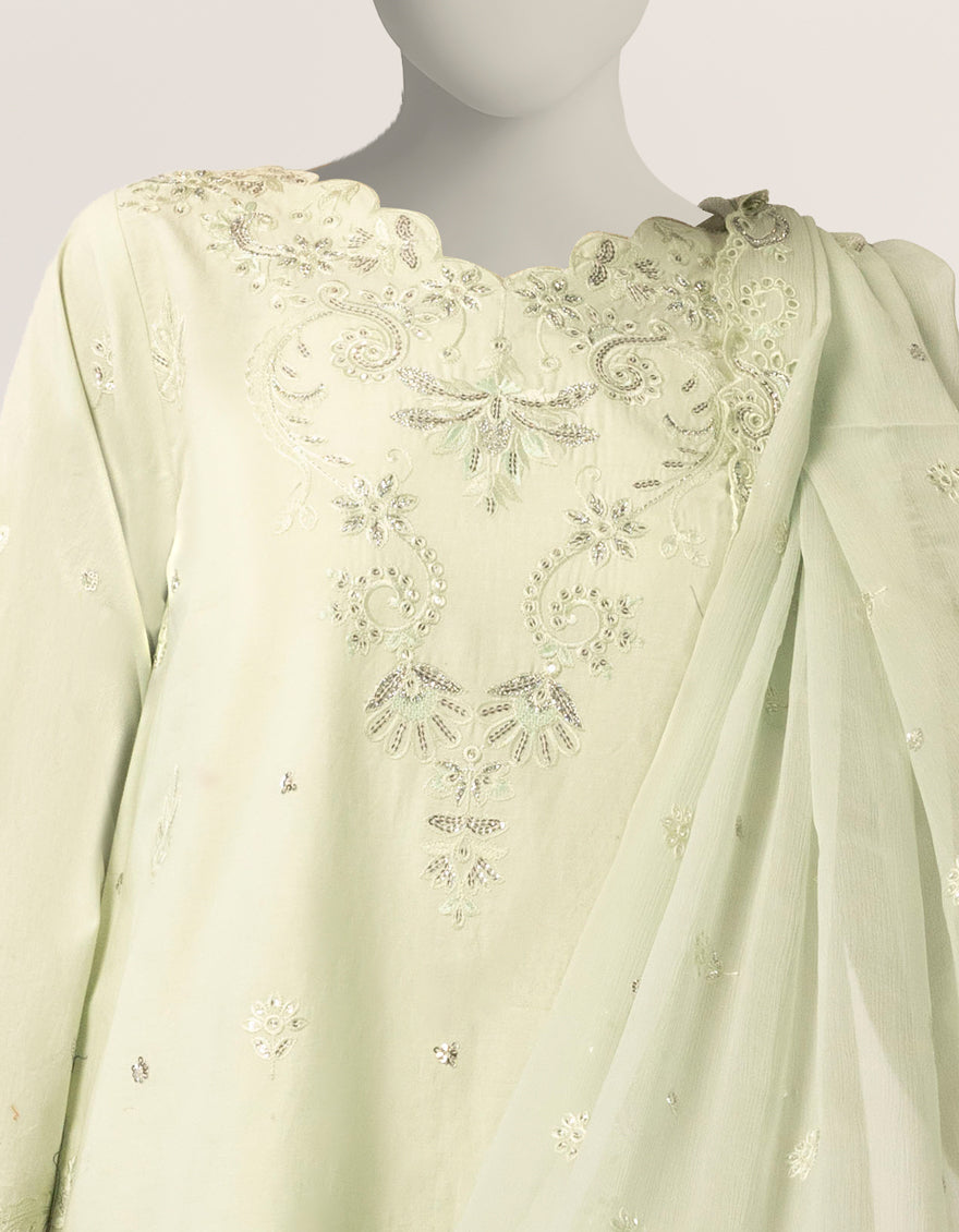 GREEN DOBBY EMBROIDERED STITCHED 3PC