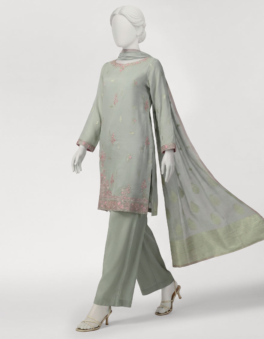 LIGHT BLUE COTTON EMBROIDERED STITCHED 3PC