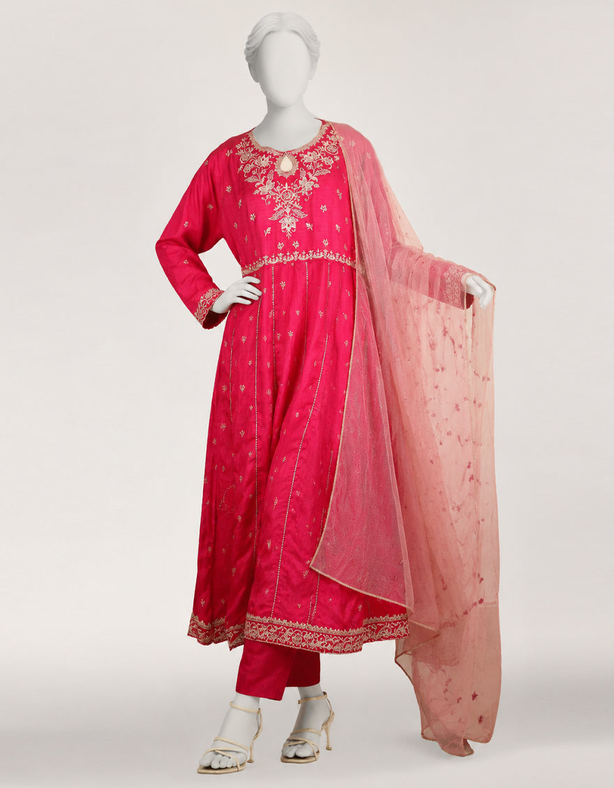 HOT PINK RAW SILK EMBROIDERED STITCHED 3PC