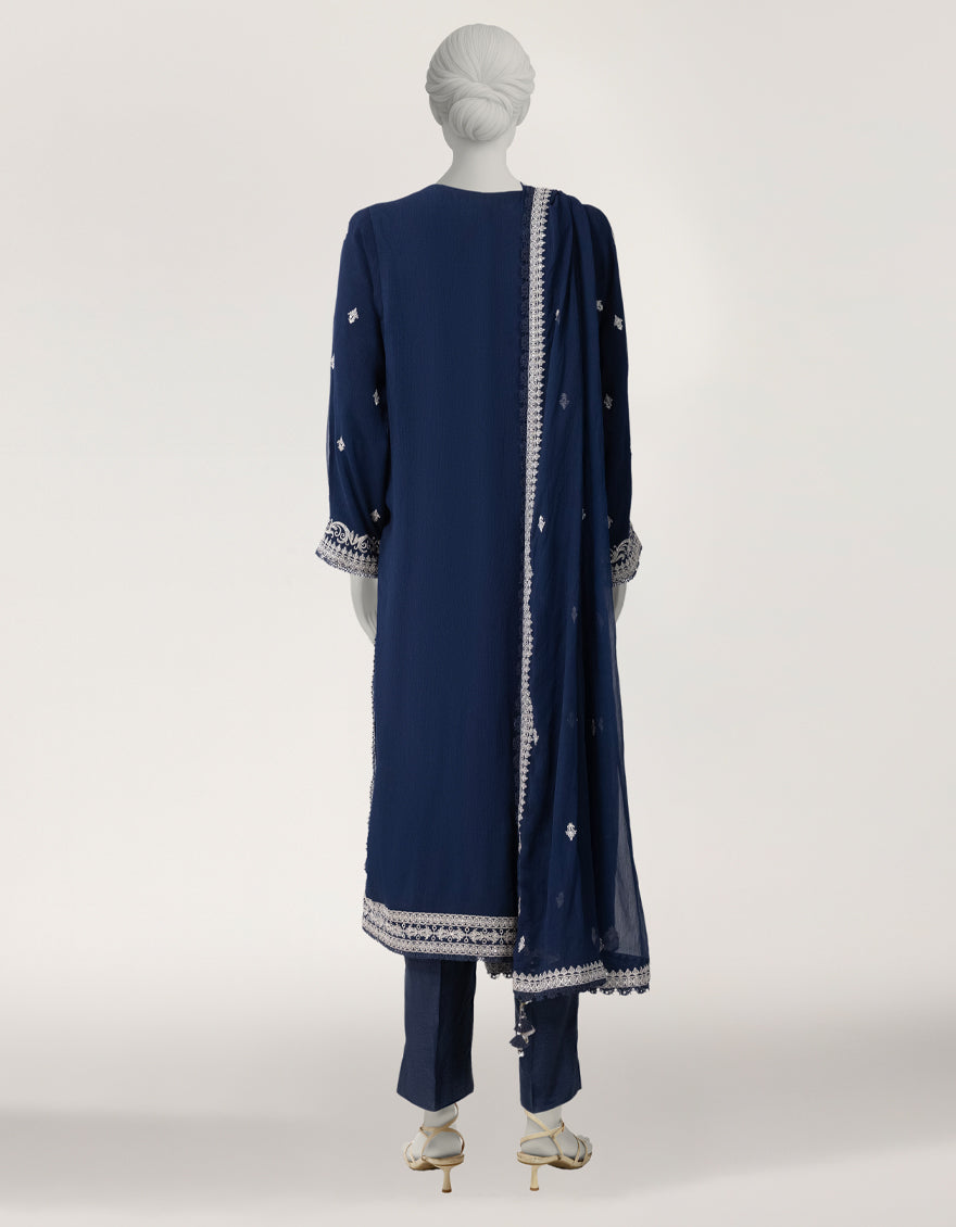 BLUE IMPURE CHIFFON EMBROIDERED STITCHED 3PC