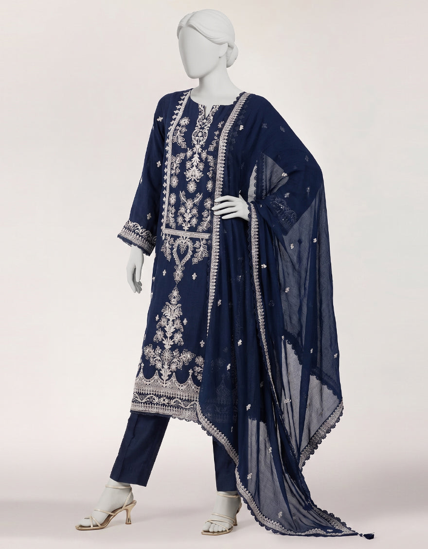BLUE IMPURE CHIFFON EMBROIDERED STITCHED 3PC