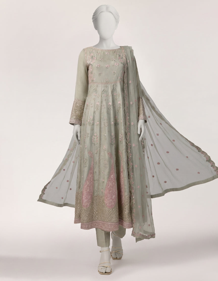 GREEN RAW SILK EMBROIDERED STITCHED 3PC