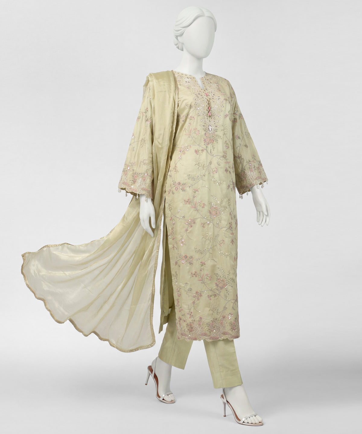 Lime Green Embroidered Raw Silk Stitched 3Pc