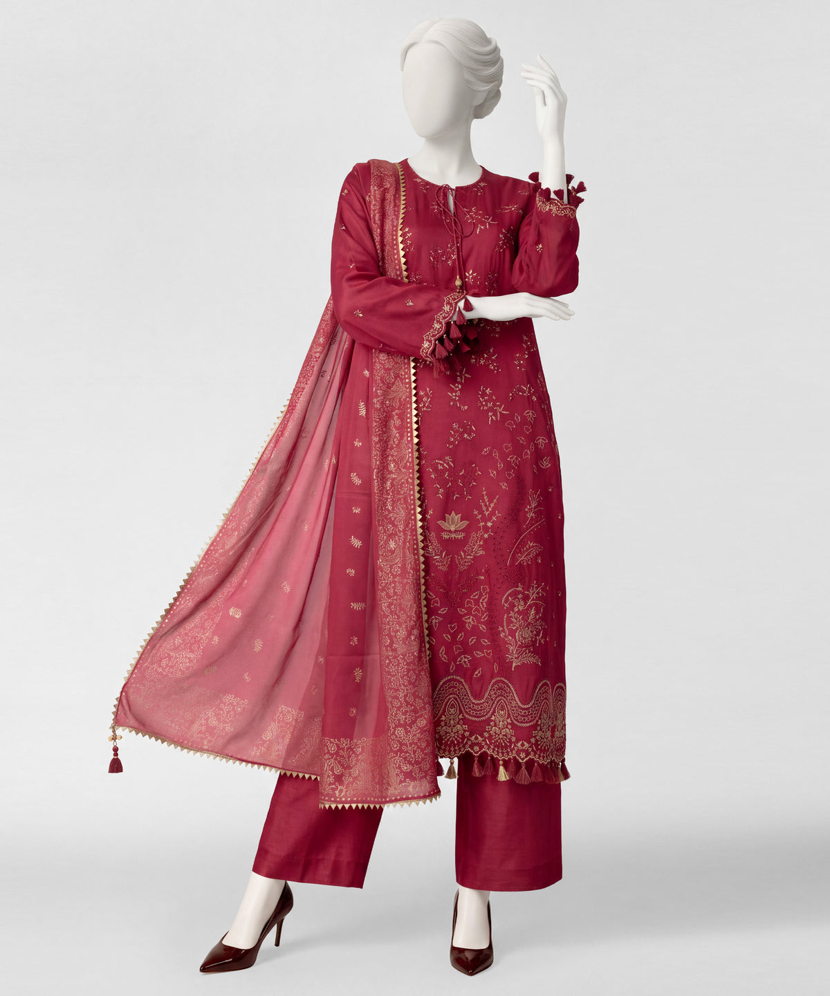 Red Raw Silk Embroidered Stitched 3Pc