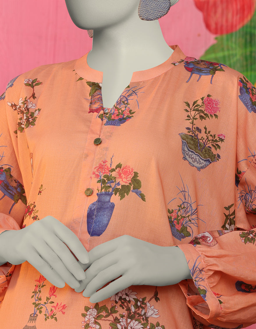 PEACH LAWN PRINTED KURTA