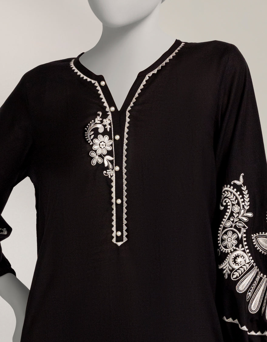 BLACK DOBBY EMBROIDERED KURTA
