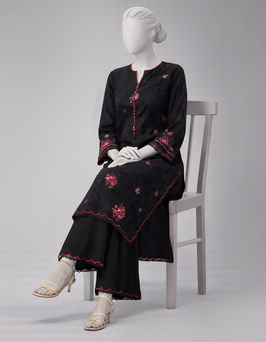 BLACK TEXTURED EMBROIDERED UNSTITCHED 2PC