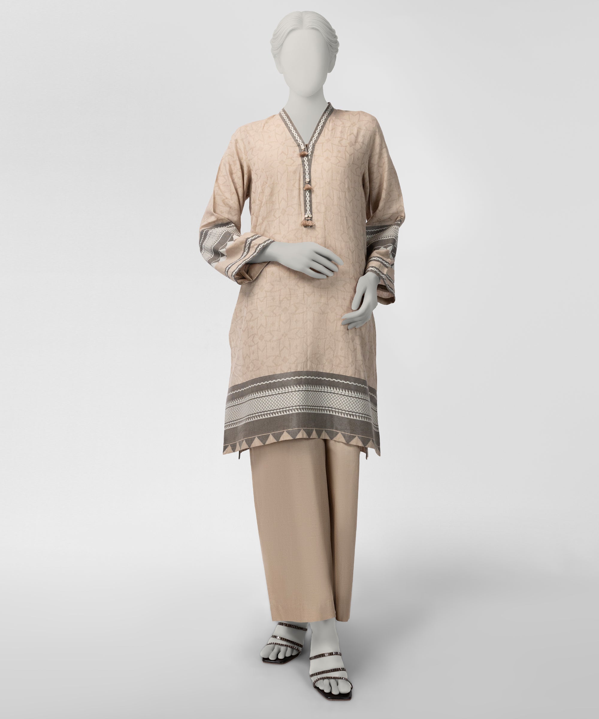 Beige Jacquard Yarn Dyed Co-Ord Set