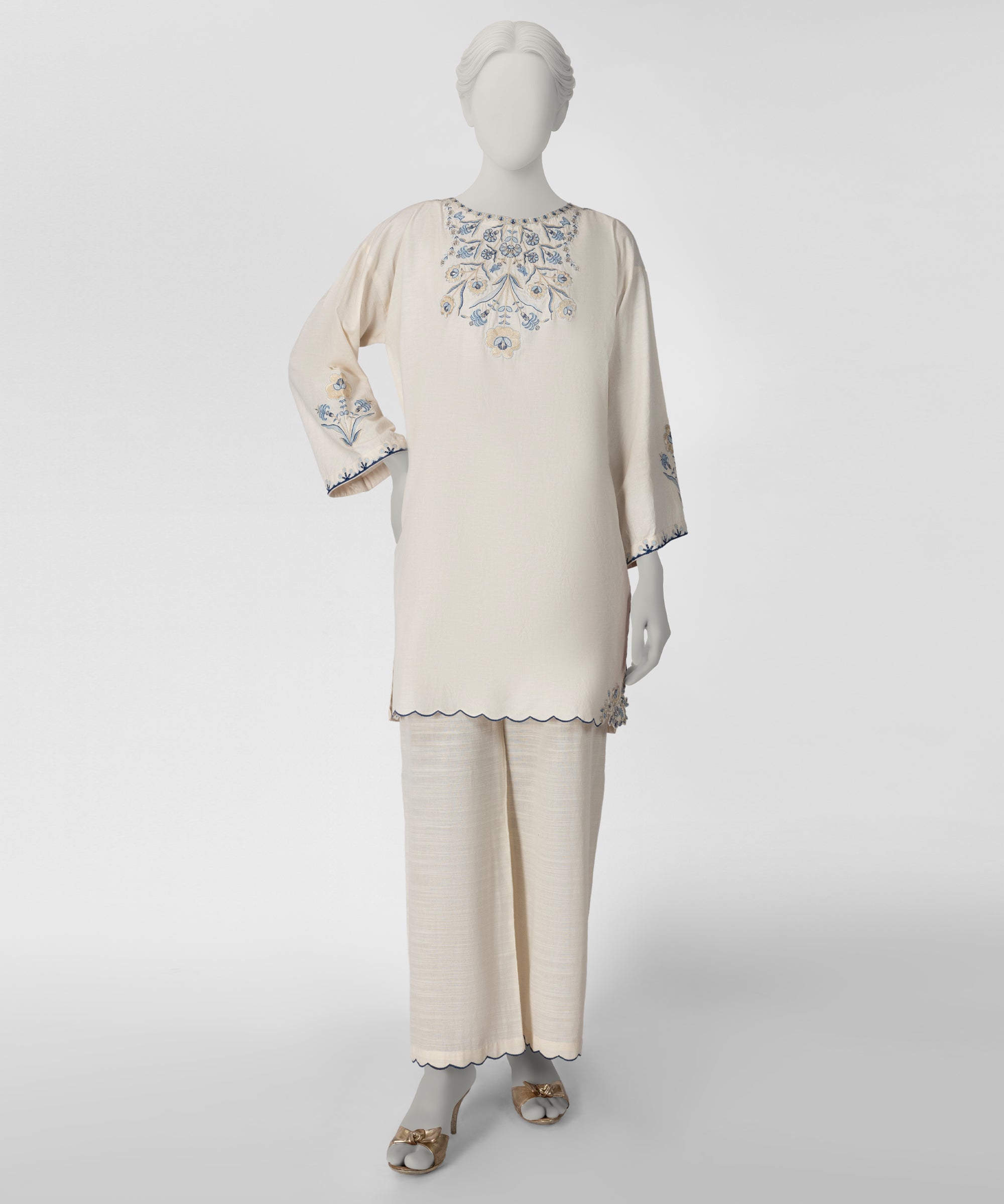 Off White Embroidered Linen Co-Ord Set