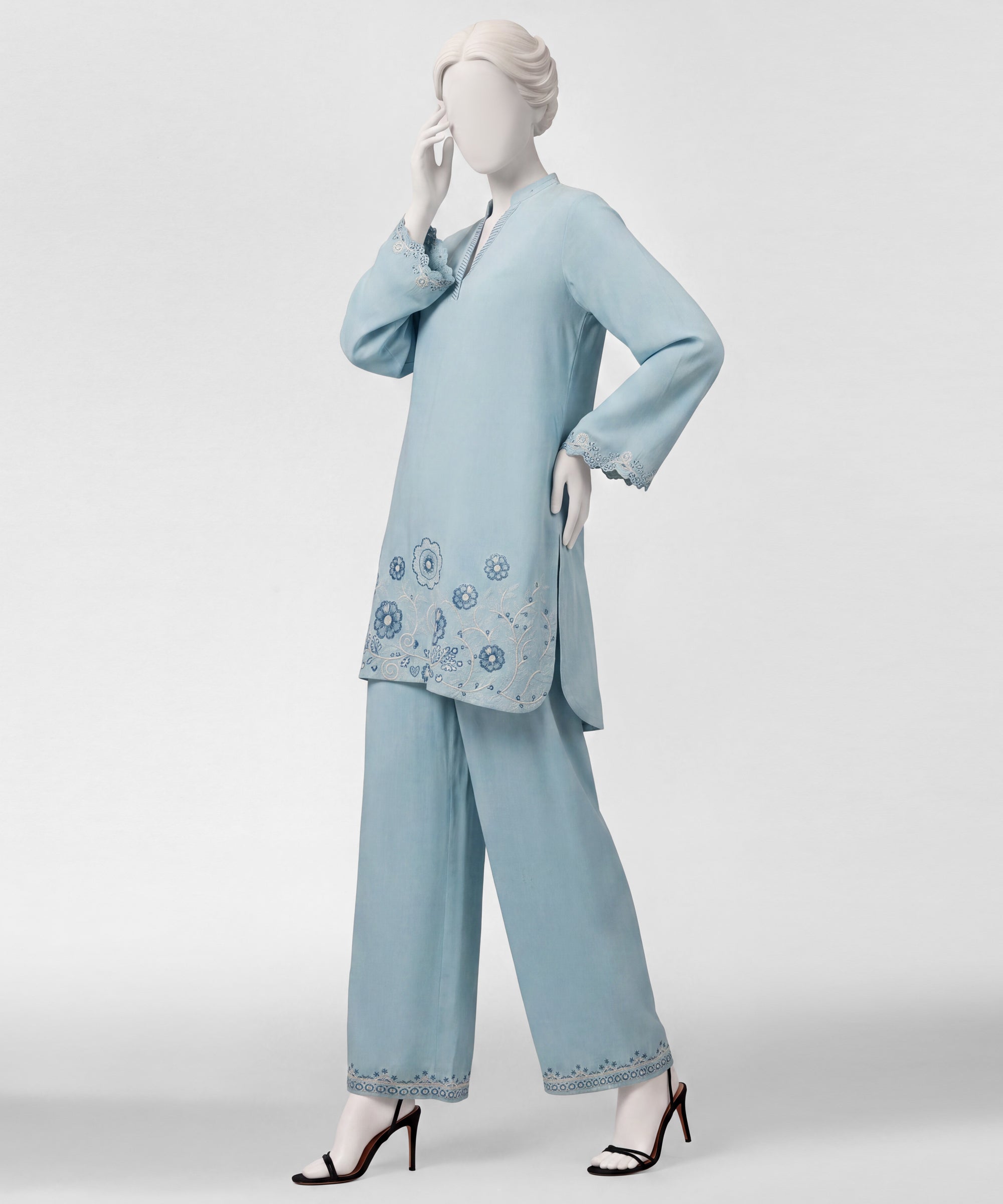 Sky Blue Embroidered Linen Co-Ord Set