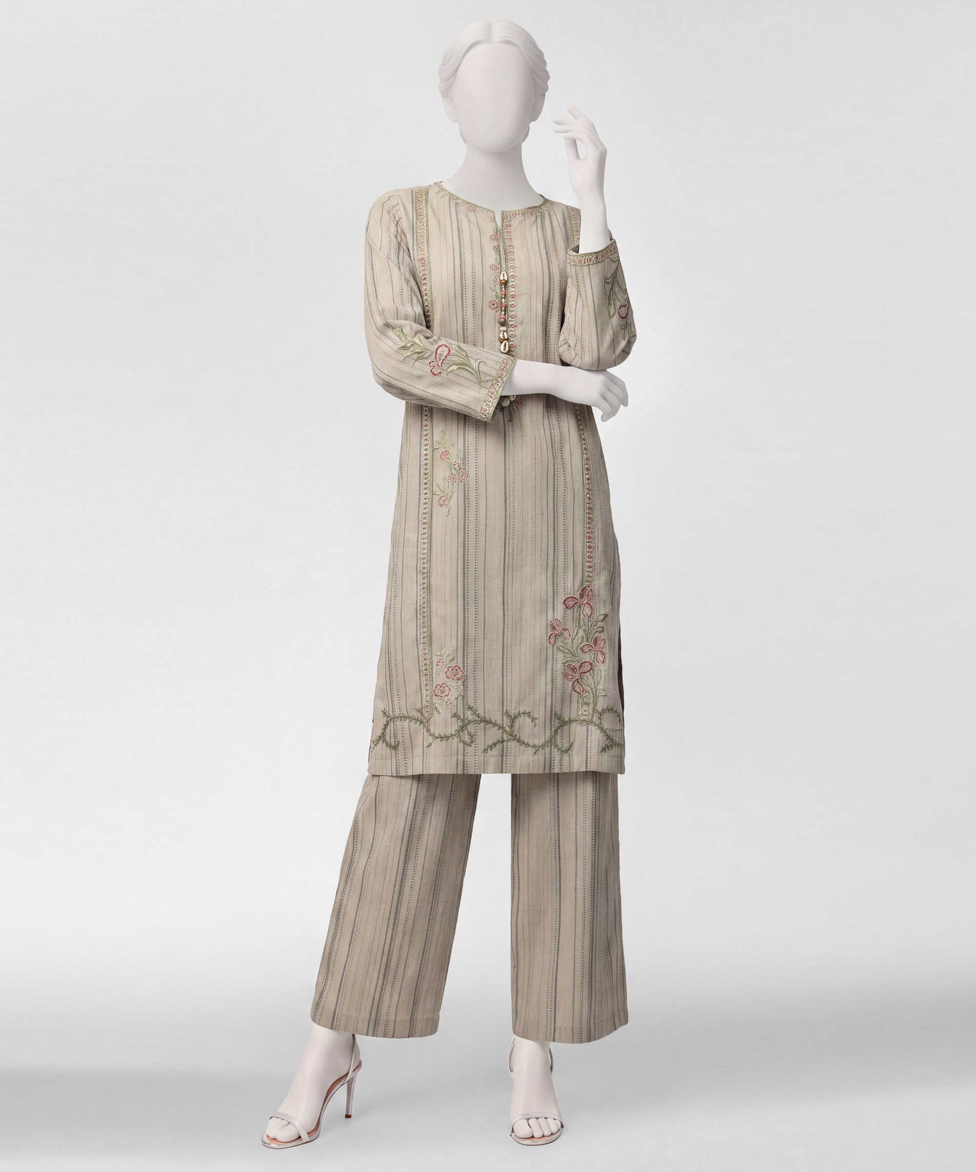 Grey Embroidered Jacquard Co-Ord Set