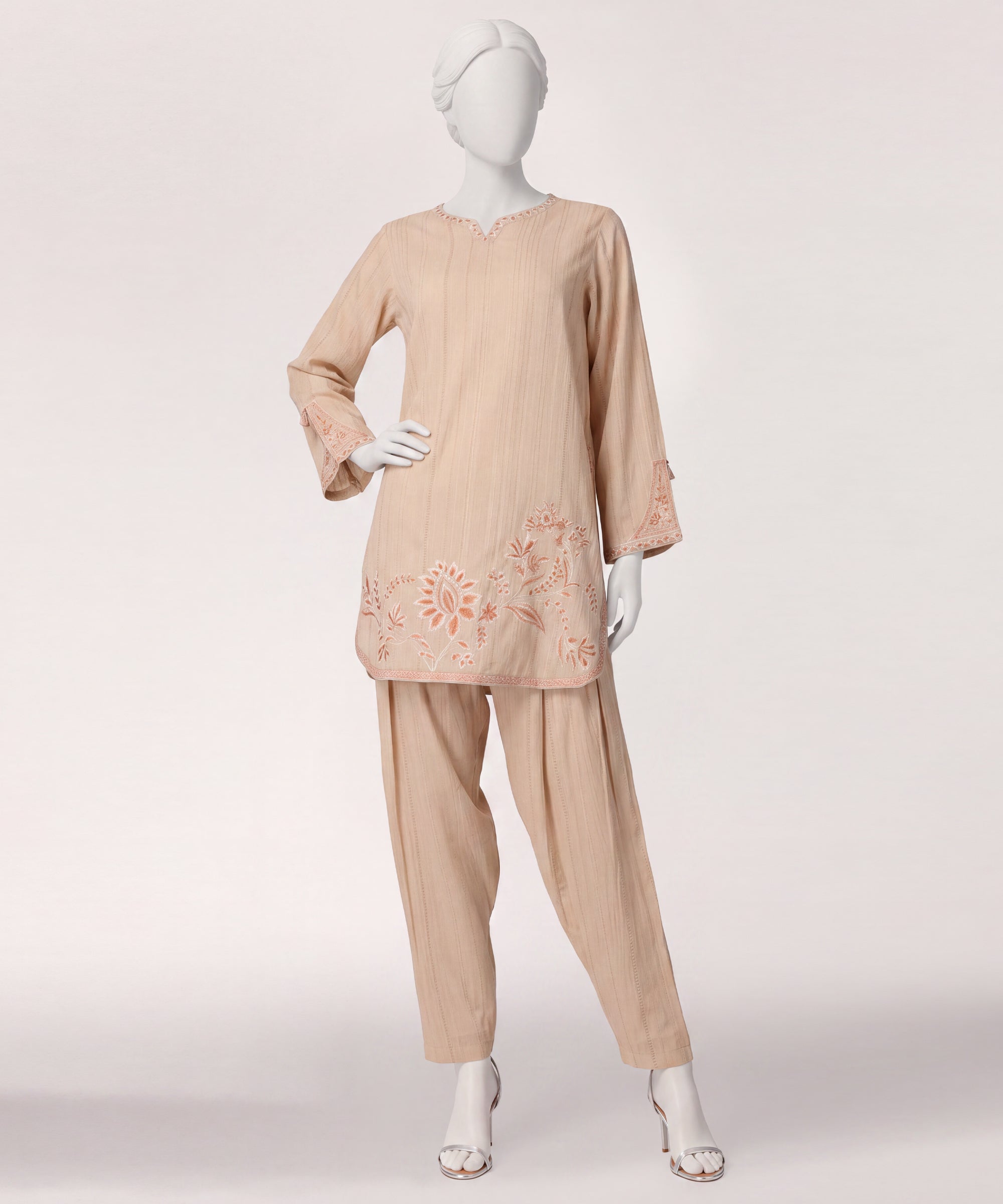 Beige Embroidered Jacquard Co-Ord Set