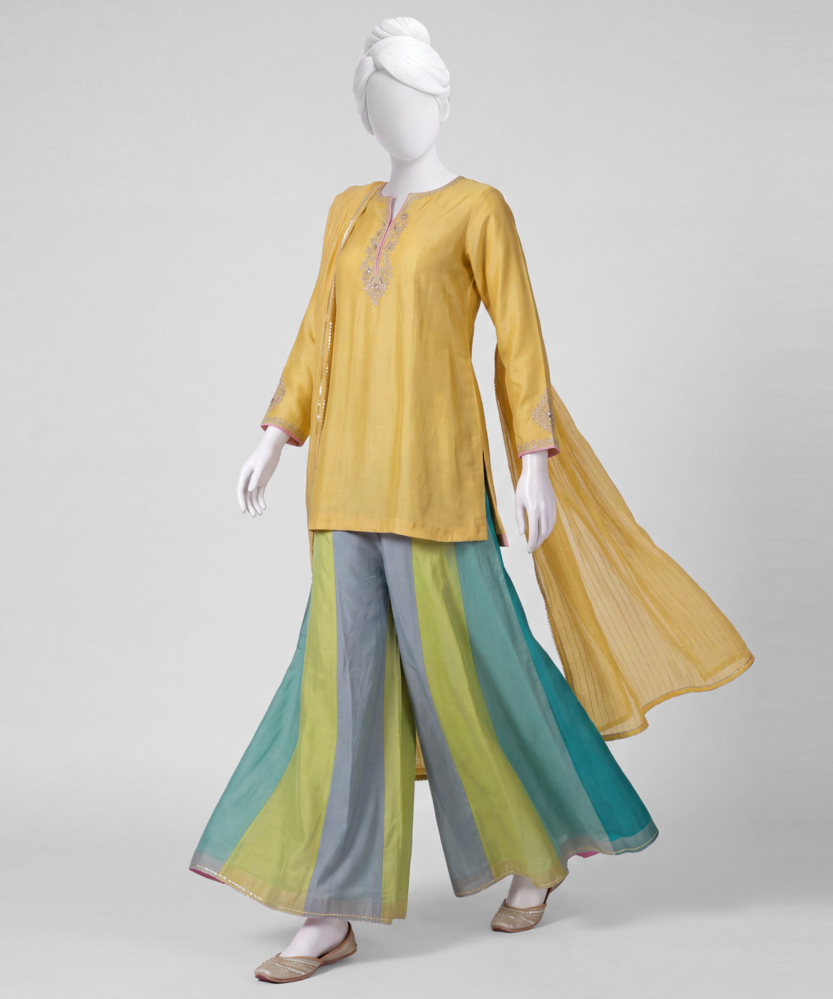 YELLOW COTTON SILK EMBROIDERED STITCHED 3PC