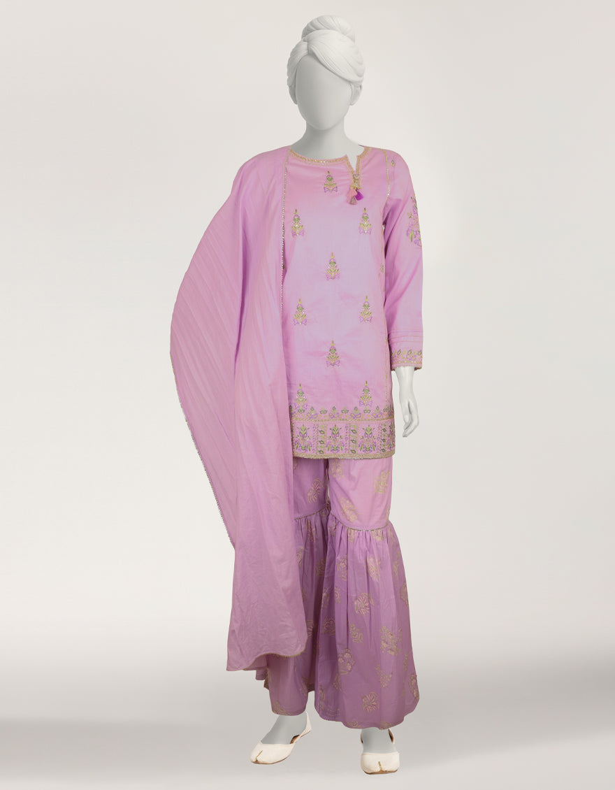LILAC LAWN SILK EMBROIDERED STITCHED 3PC