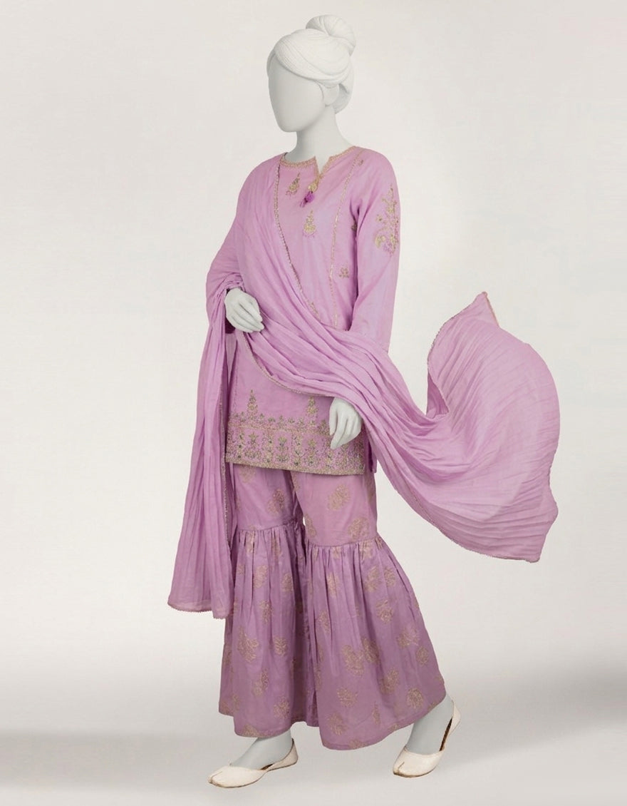 LILAC LAWN SILK EMBROIDERED STITCHED 3PC