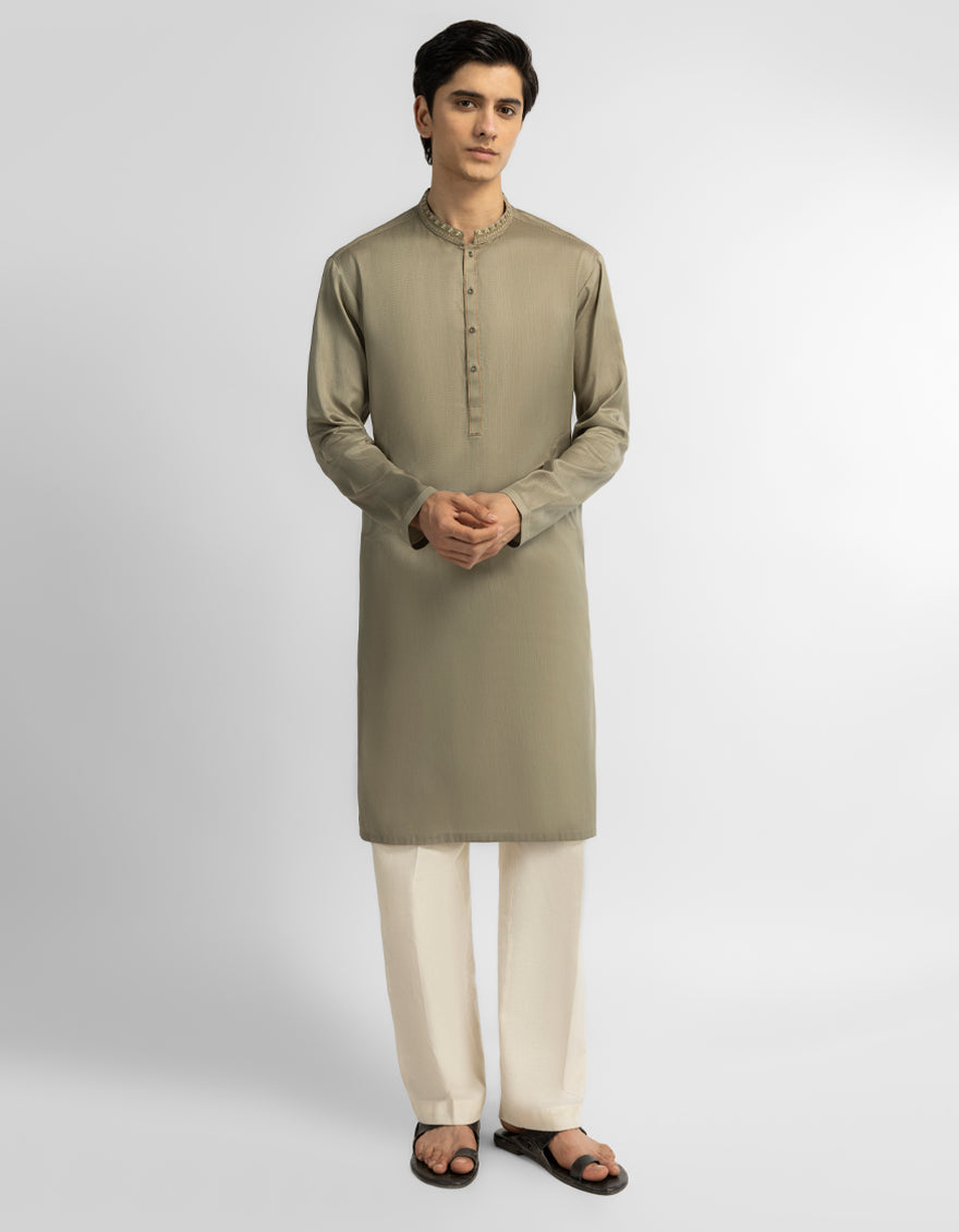 OLIVE COTTON SEMI-FORMAL KURTA