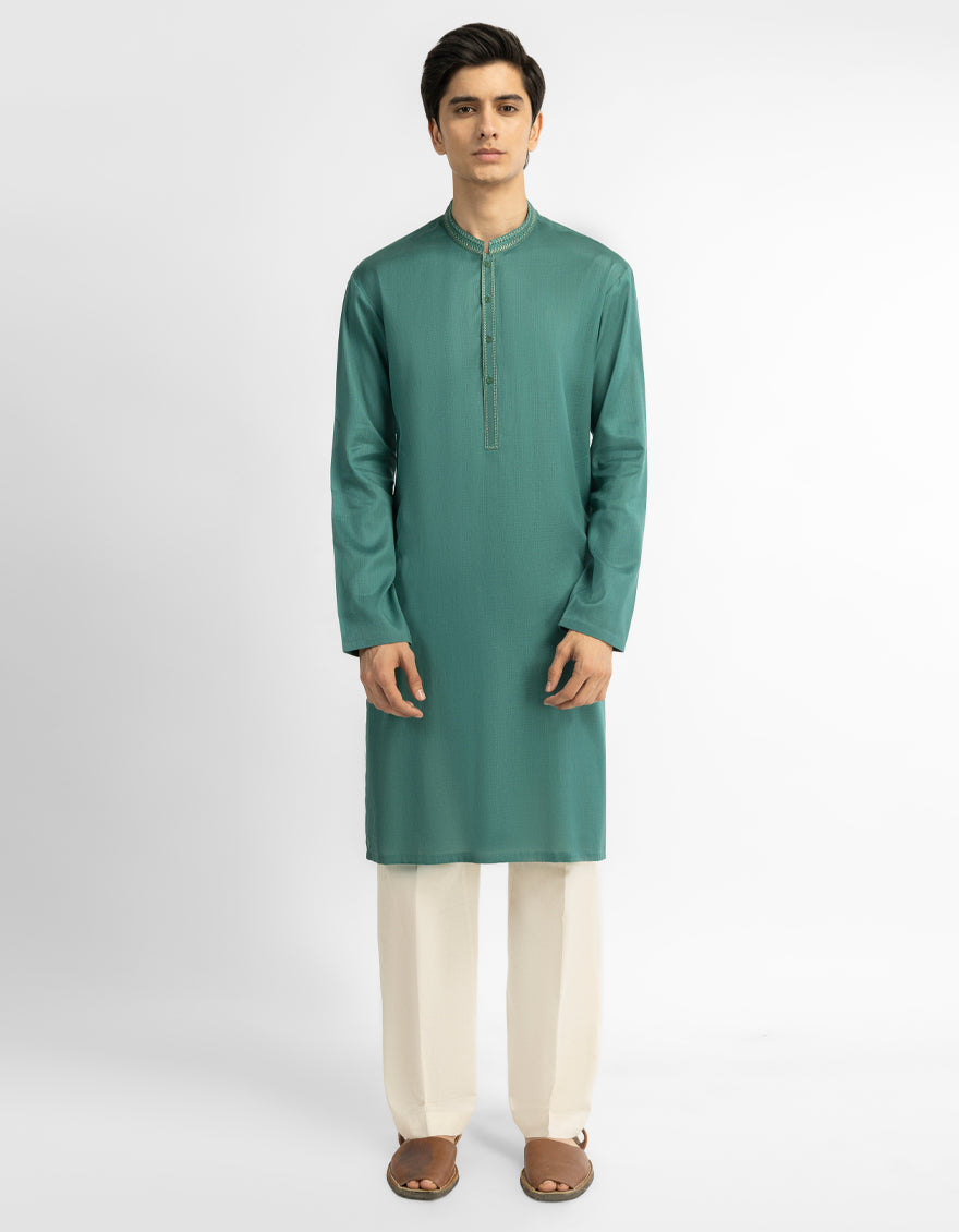 GREEN COTTON SEMI-FORMAL KURTA