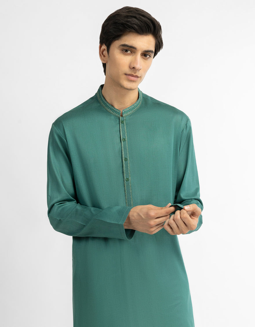 GREEN COTTON SEMI-FORMAL KURTA