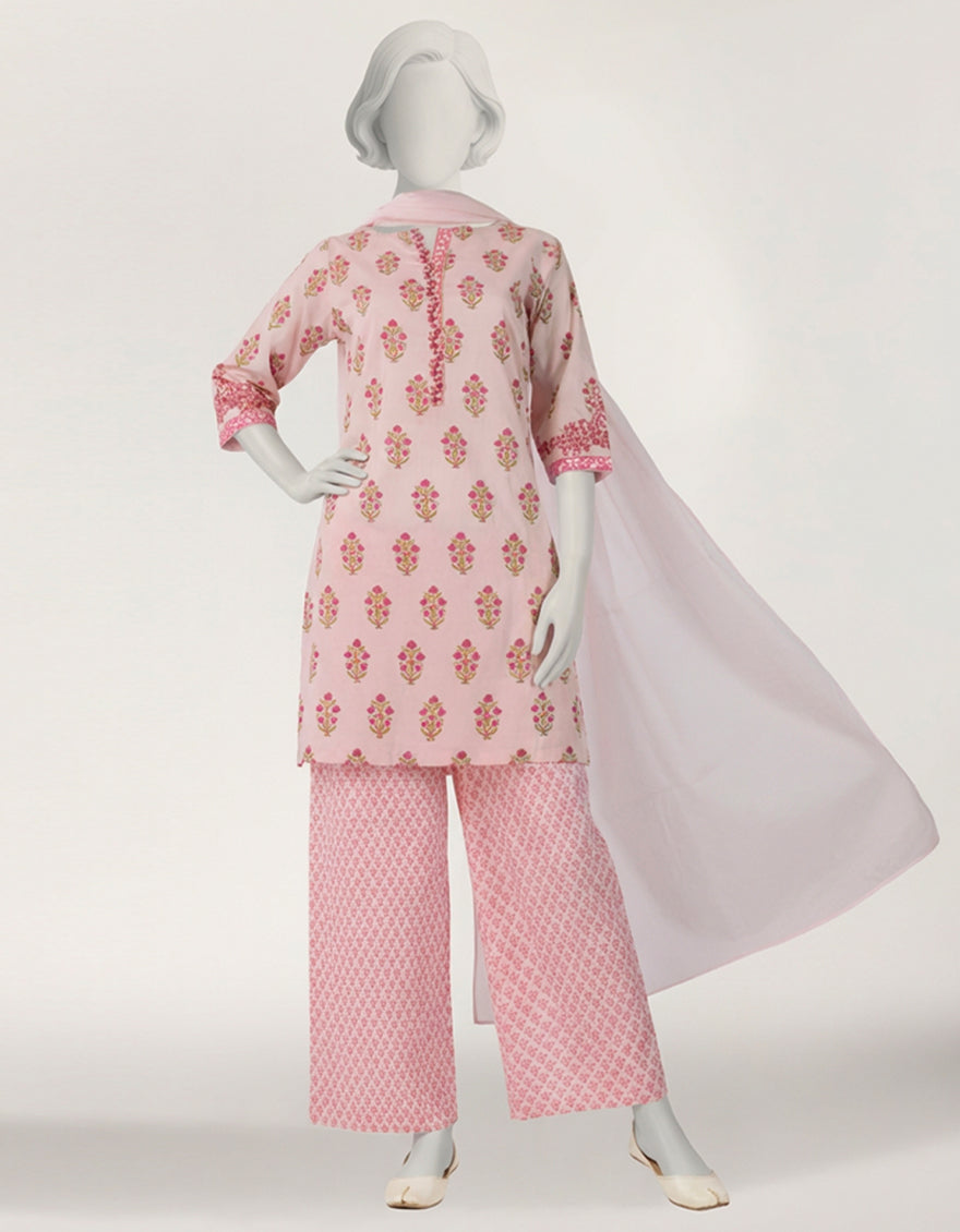PINK LAWN EMBROIDERED STITCHED 3PC