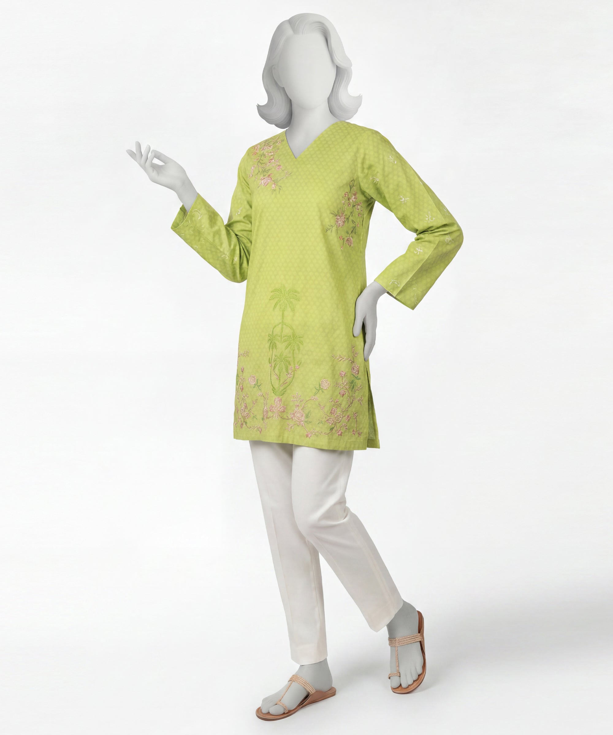 Green Dobby Embroidered Kurta