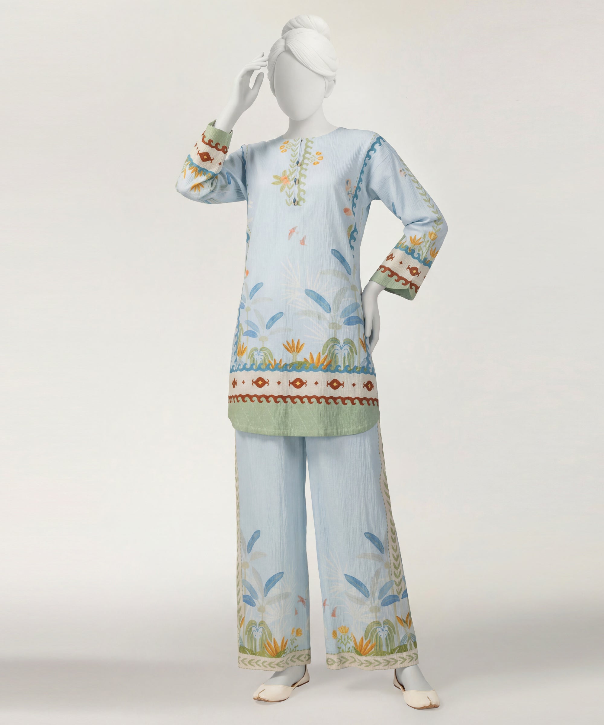 Sky Blue Seersucker Digital Printed Stitched 2Pc