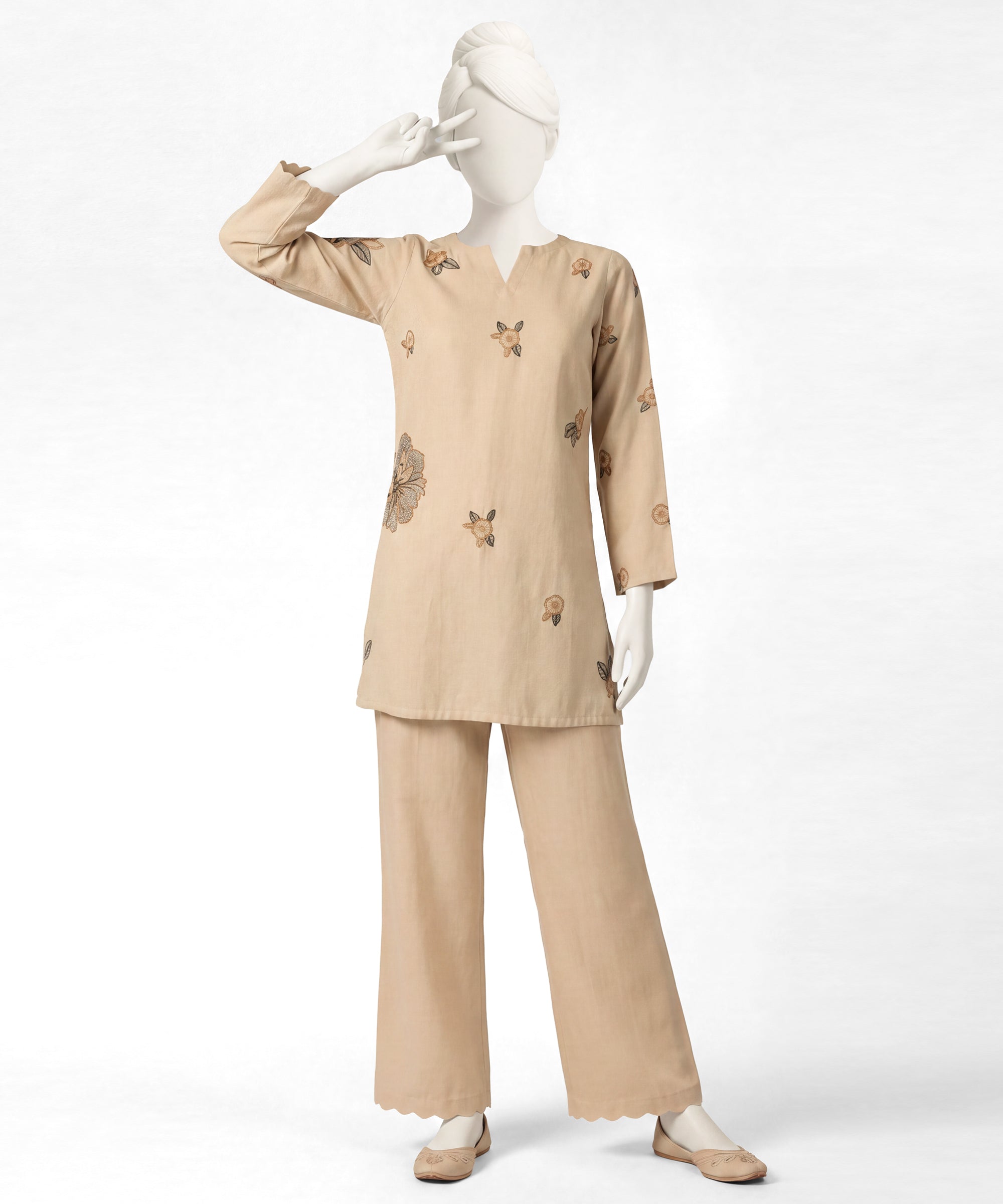 Beige Embroidered Dobby Stitched 2Pc