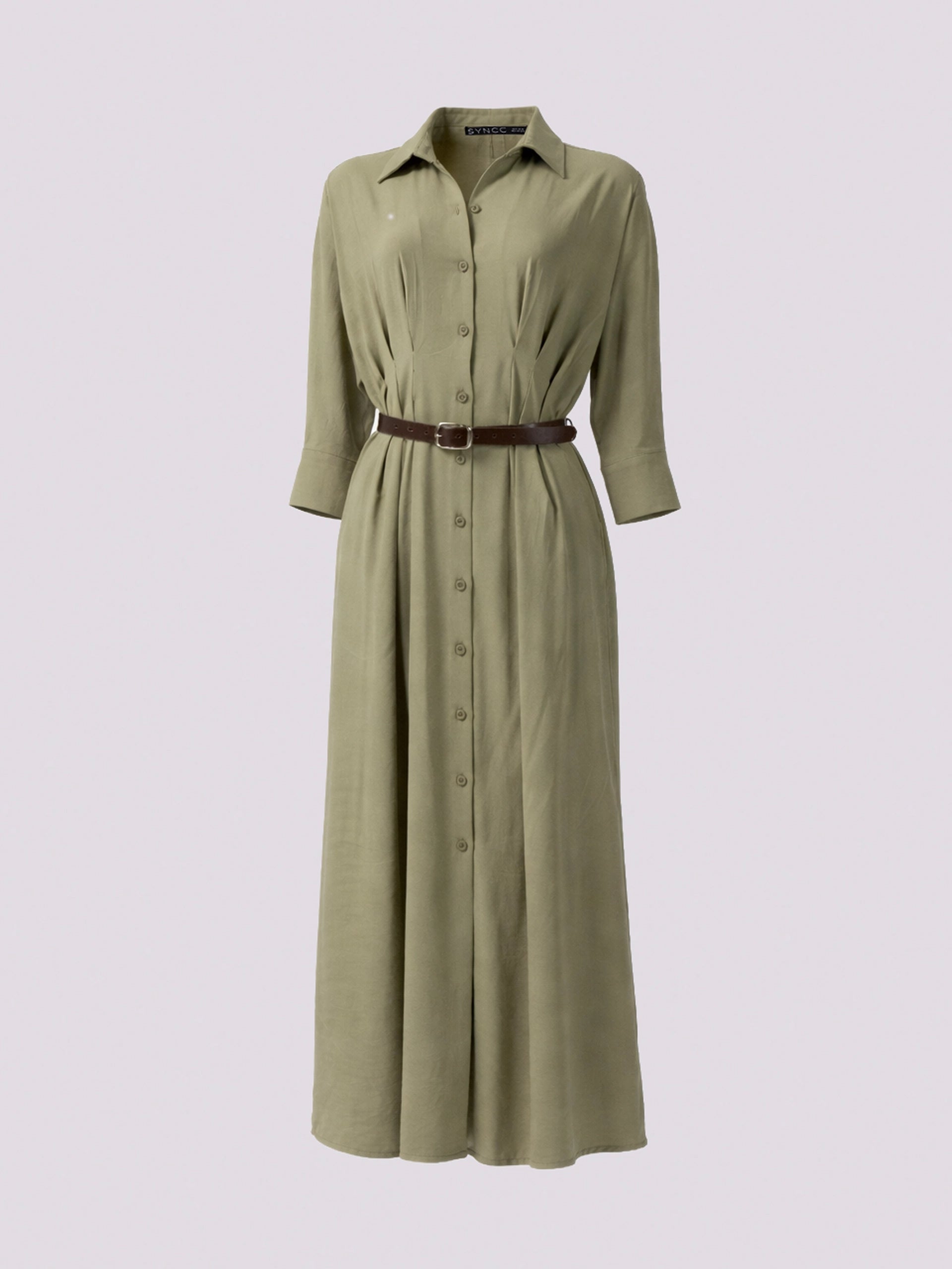 Olive Pleated Shirt Dress