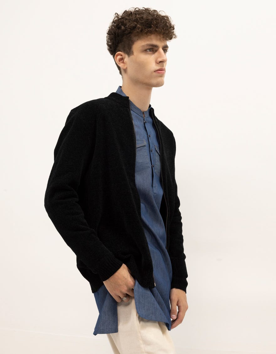 JUPITER C - BLACK CARDIGAN ZIPDOWN MOCKNECK SWEATER