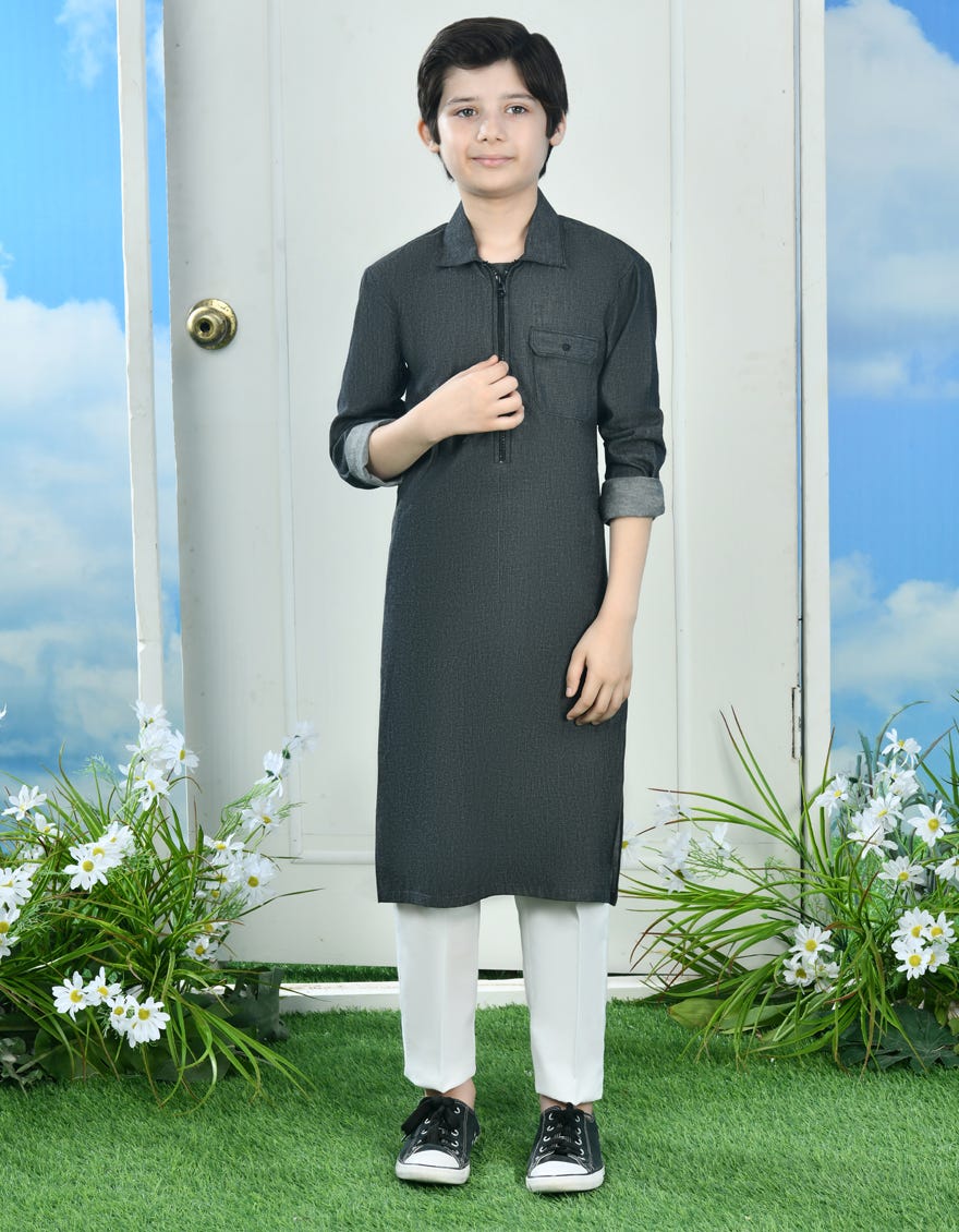 Black Cotton Kid's Kurta | Jck-A-34699