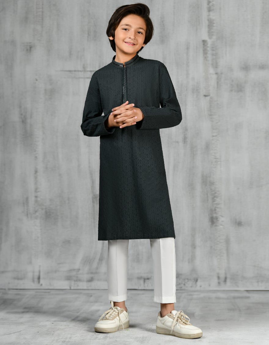 Dark Green Cotton Kid's Kurta | Jck-A-47180