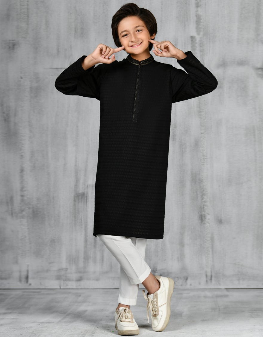 Black Cotton Kid's Kurta | Jck-A-47181