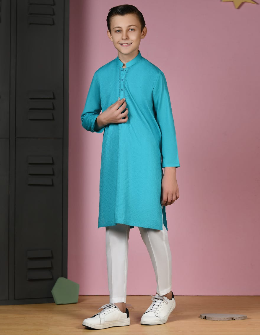 Turquoise Cotton Kid's Kurta | Jck-A-90419