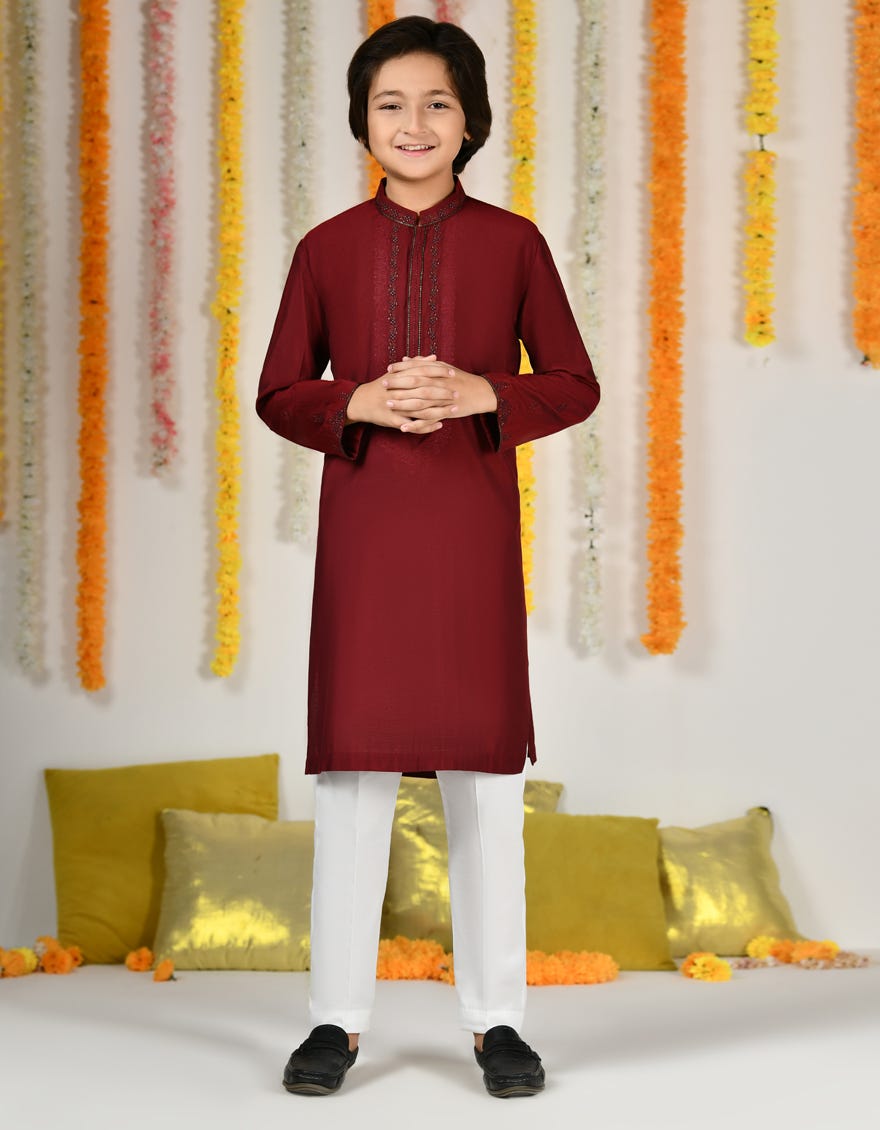 Maroon Blended Special Kid's Kurta | Jck-Sp-48169