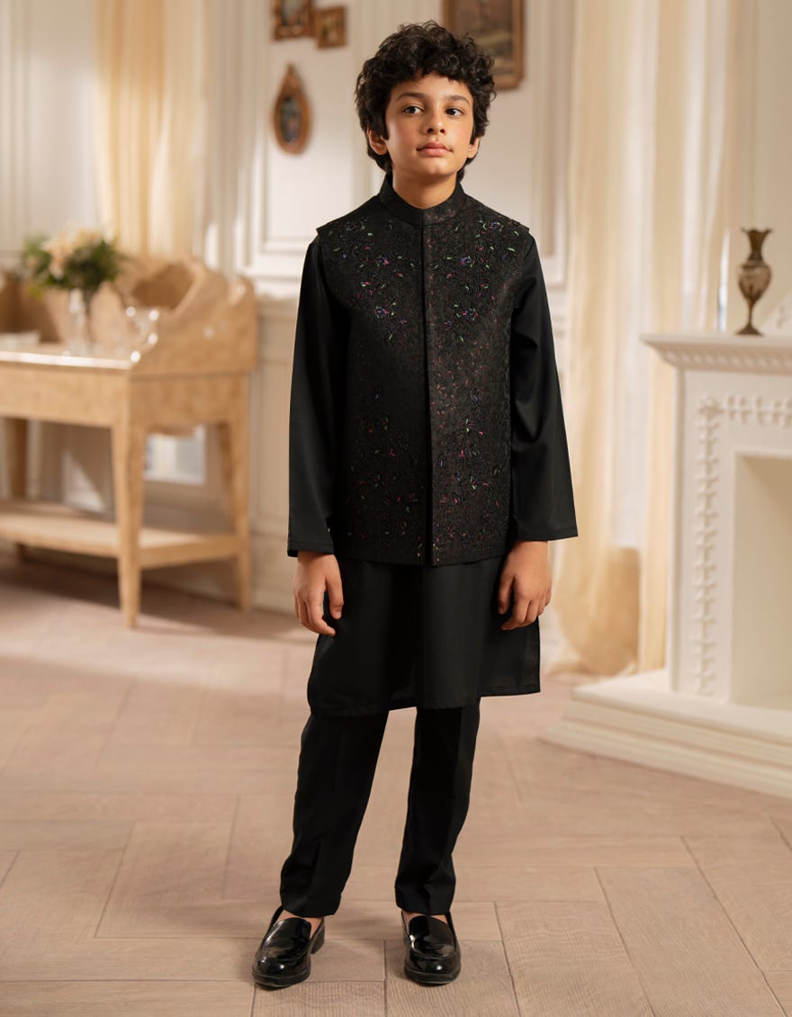 BLACK FORMAL KURTA TROUSERS & WAISTCOAT
