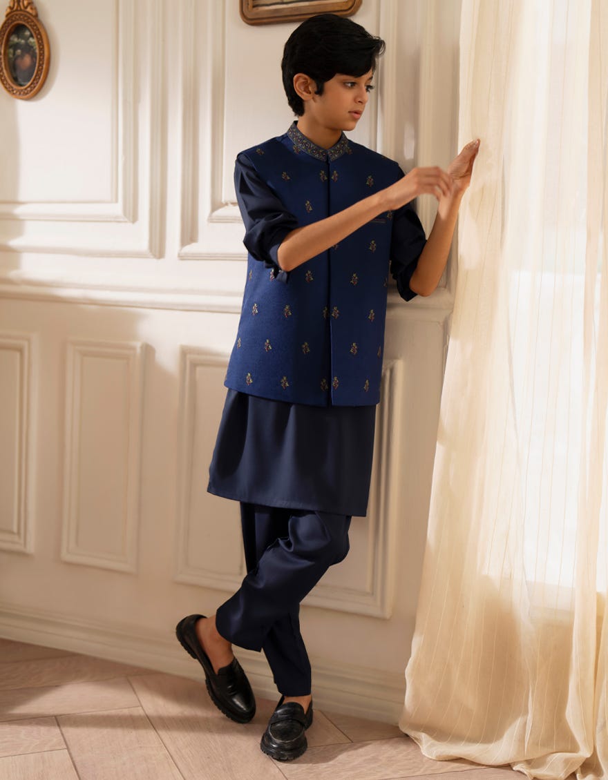 NAVY BLUE FORMAL KURTA TROUSERS & WAISTCOAT