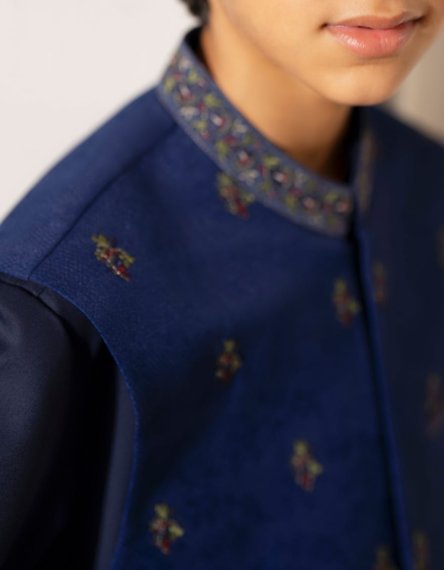 NAVY BLUE FORMAL KURTA TROUSERS & WAISTCOAT
