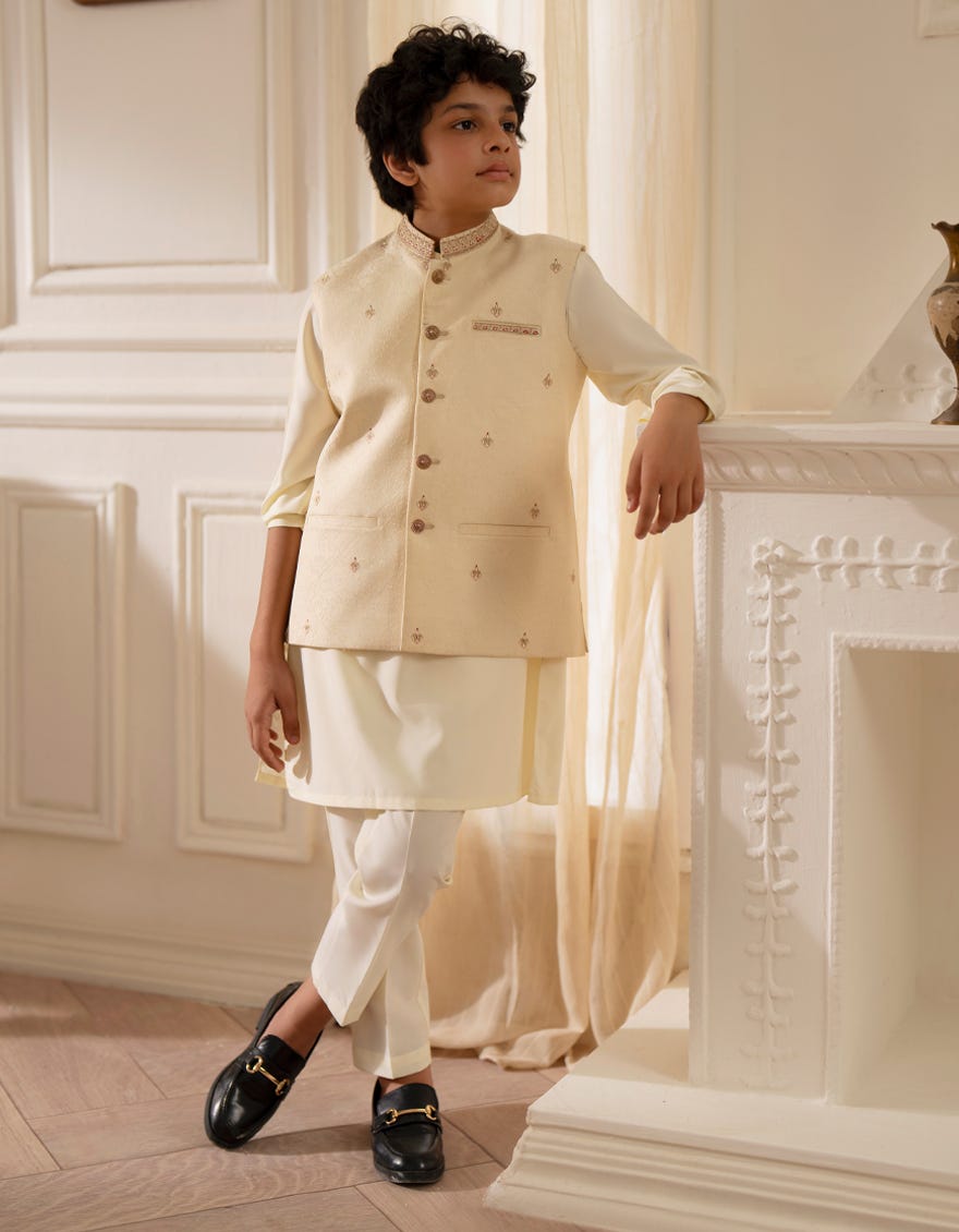 BEIGE FORMAL KURTA TROUSERS & WAISTCOAT